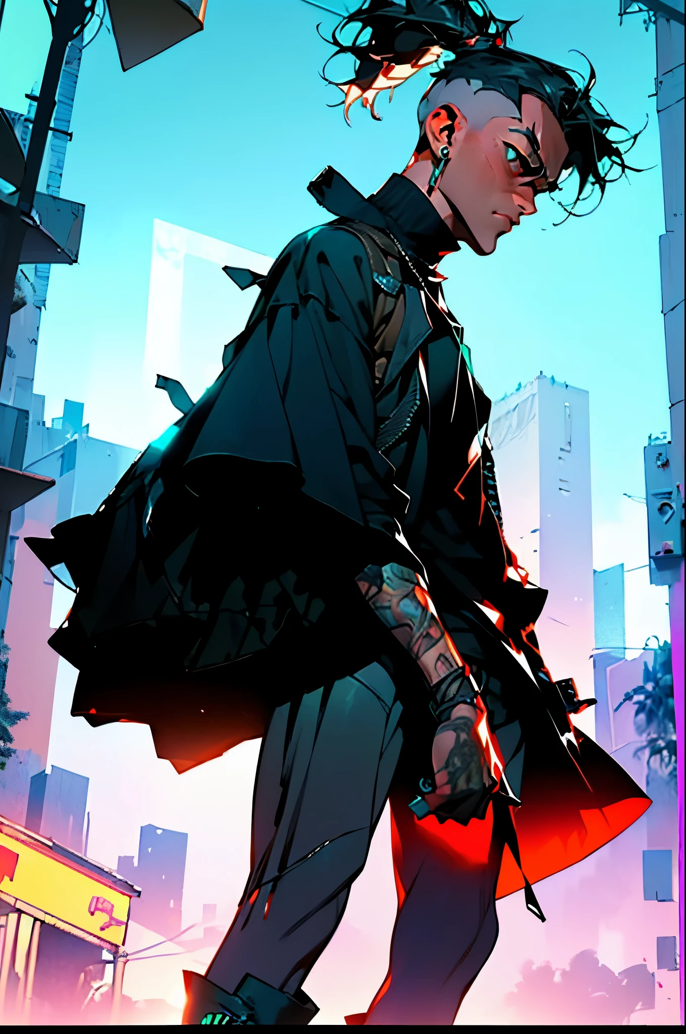 ((best quality)), ((masterpiece)), (very detailed body and face:1.3), 3D, Beautiful (cyberpunk:1.3) Beautiful young man with hair shaved on the sides and a petrol blue mohawk, VERY DETAILED AND BRIGHT, ((with weapons in his hands) ), (((futuristic Mad Max movie style background))), (((pink and cyan neon lights at night))), night image, at night, 32k