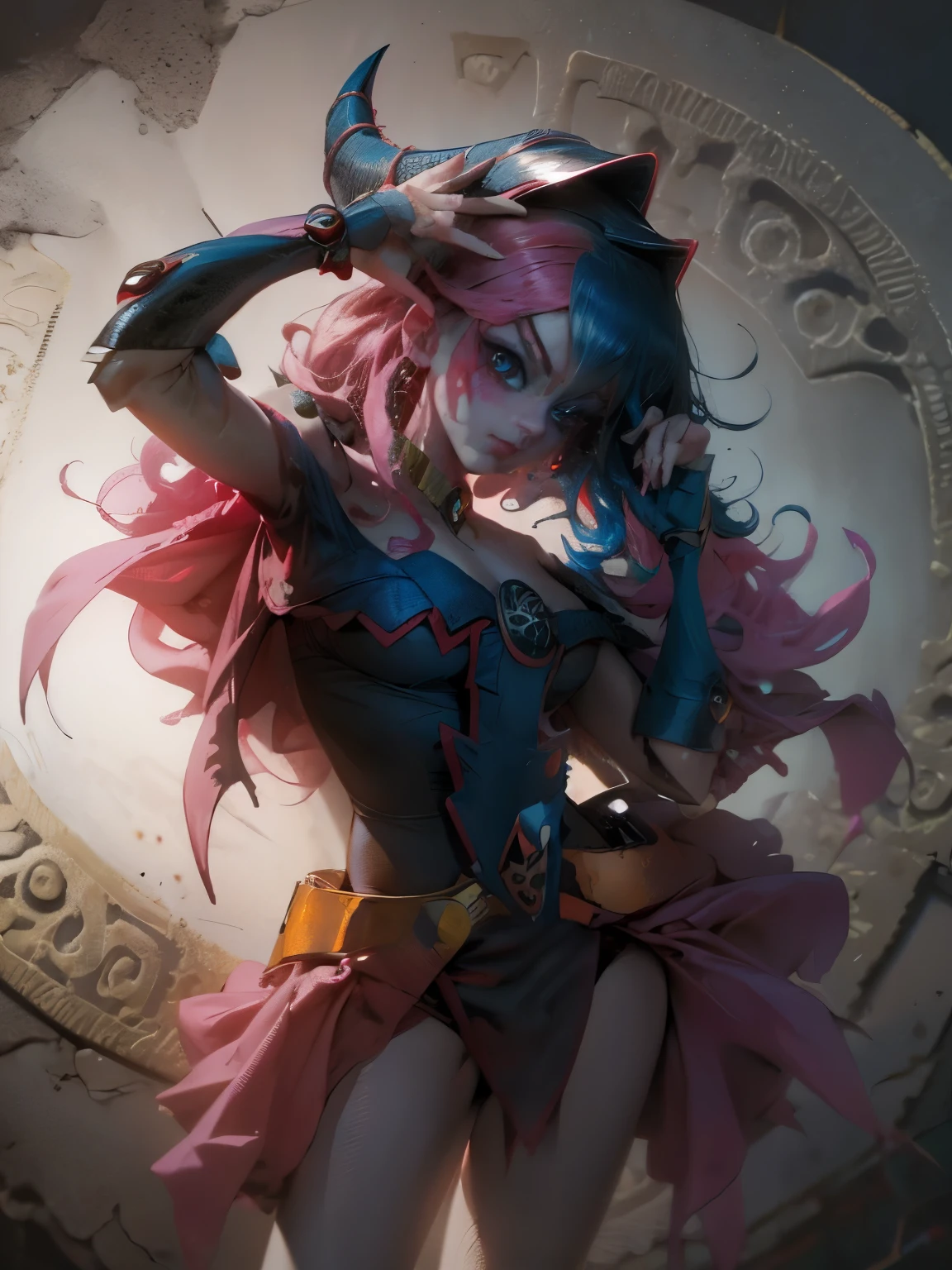 Maga oscura gils vestida de Harley Quinn. Tiene cabello rubio y negro. Ojos azules. Labios rojos. Gils, el mago oscuro, se viste como Harley Quinn. Pose sensual y inocente. Fondo de circo y magia.