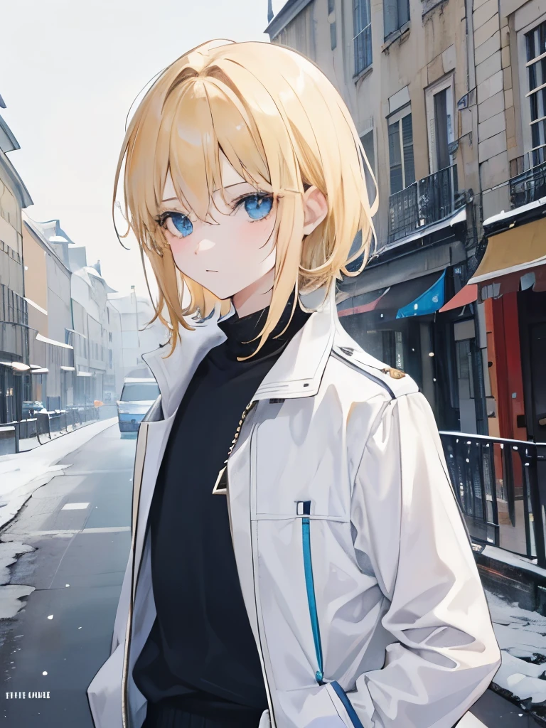 Adolescent de 15ans, cheveux court et blond,les yeux verts,un nez fin et la peau fine,dans une rue seul ,la nuit ,it&#39;s snowing and he&#39;s a little muscular 