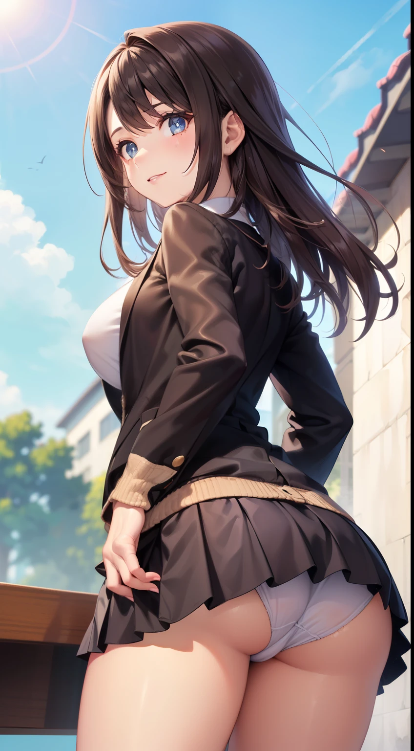 ((tampo da mesa, mais alta qualidade, high resolution, nffsw, pixel perfeito, 4K, nffsw, nffsw))), 1 garota, solteiro, sozinho, Mulher bonita、Eu pude ver todo o corpo、 ((mid wave hair, franja, cabelo castanho)), ((olhos castanhos, Beautiful eyelashes, realista eyes)), ((rosto detalhado, corar:1.2)), ((Textura suave:0.75, realista texture:0.65, realista:1.1, estilo CG de anime)), medium breasts, dynamic angle, corpo perfeito, ((gravata borboleta vermelha, , Jaqueta preta, jaqueta aberta, brown cardigan, camisa branca, Saia preta, saia xadrez)), escadas da cidade、Olhando para cima da parte inferior da escada、Very embarrassing panic smile, looked back、Incline-se para frente、(The wind blew my skirt and exposed my ass.、Segure sua bunda com pressa、calcinha de renda rosa:1.3)