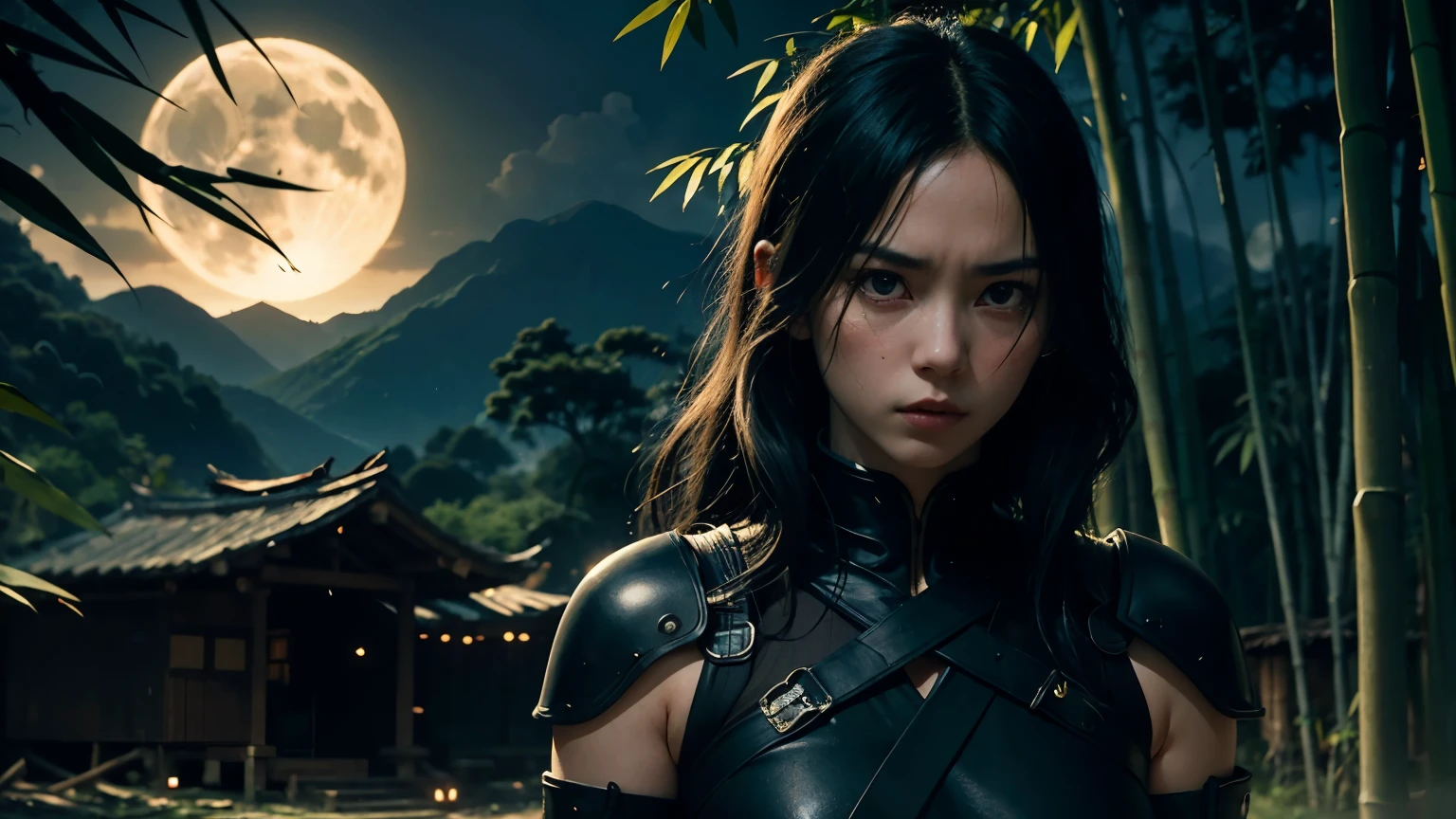 Visualize a female ninja, or kunoichi, who has been injured in battle, illuminated by the light of a full moon within a bamboo forest. The scene combines realistic detail with anime influences, creating a unique visual style. The moonlight casts sharp, contrasting shadows across the damaged ninja gear and her intense, focused expression. She should appear alert and resilient, despite her injuries, against the backdrop of dark, towering bamboo. The overall mood is somber and mysterious, emphasizing the dark and perilous nature of her life as a ninja. This illustration should merge the detailed realism of her surroundings and injuries with the stylized, dramatic elements characteristic of anime.