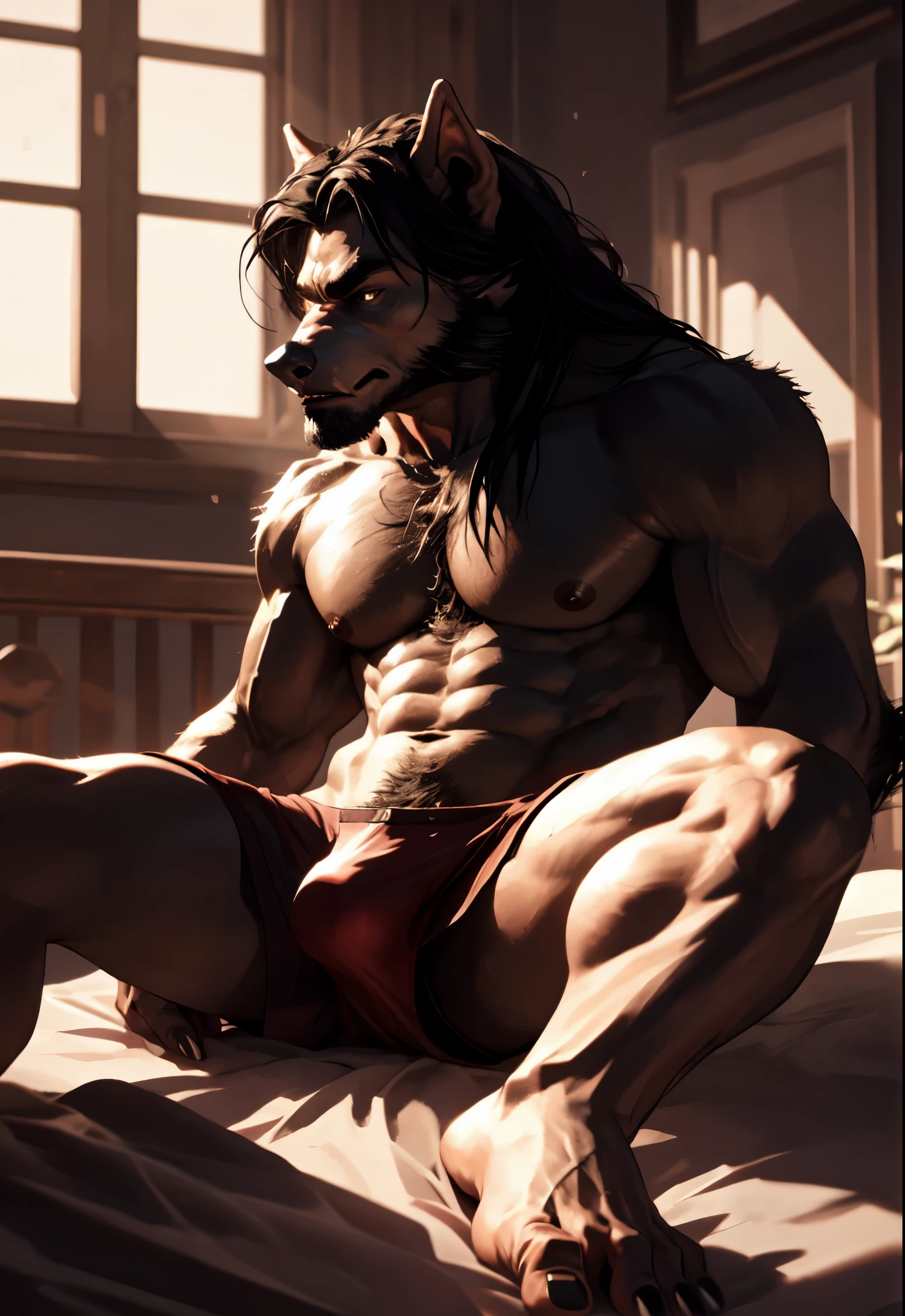 A werewolf, lying on a bed, a comfortable position, relaxed, looking at spectators, naked, unclothed, nsfw, black hair, realistic, strong, masculine, nsfw, horny 