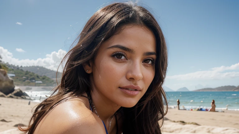 There is a woman in a bikini sitting on a rock by the ocean, en la playa, posando en la playa, foto de playa, en el mar, en la playa, en bikini, en una playa, posando!! Mujer hermosa latina, rostro perfecto parecida a Salma Hayek , realista con detalles de belleza, ojos claros, labios gruesos, boca entreabierta, alegre sonriente, cabellos ondulados al viento, tumbada sobre la arena, en la playa, en una playa soleada