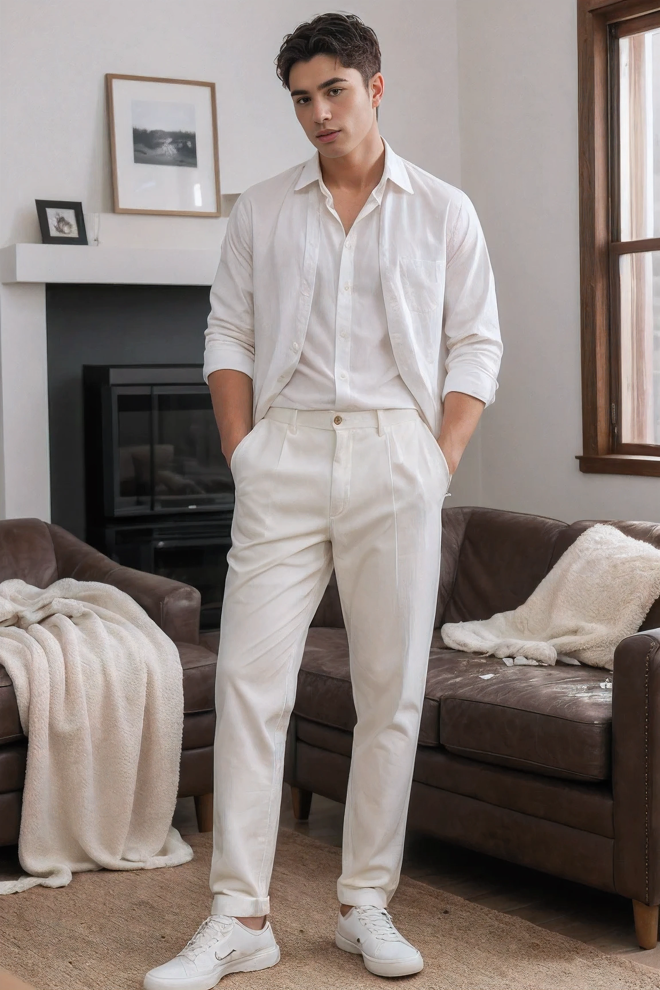 8k uhd, dslr, high quality , RAW photo, Realistic Photography , Fujifilm XT3, Canon R5, Handsome Men ,Cream colored thick trousers, Messy living room