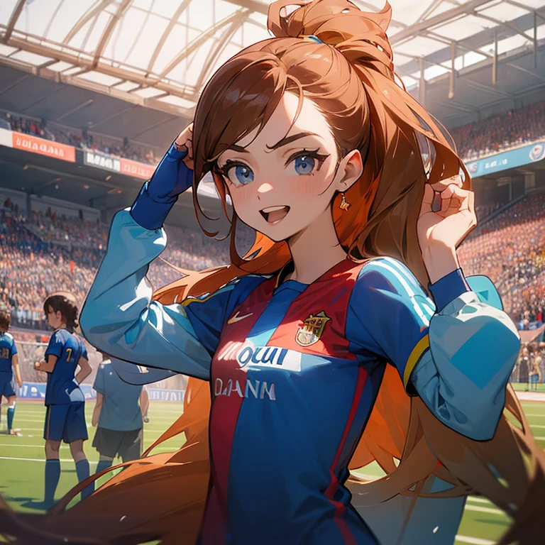 ( caras hermosas) The Barcelona women's soccer team celebrates its victory (By the chestnut ), en la cancha de fondo, uniforme azul marino con franjas rojas ,in the background the soccer field