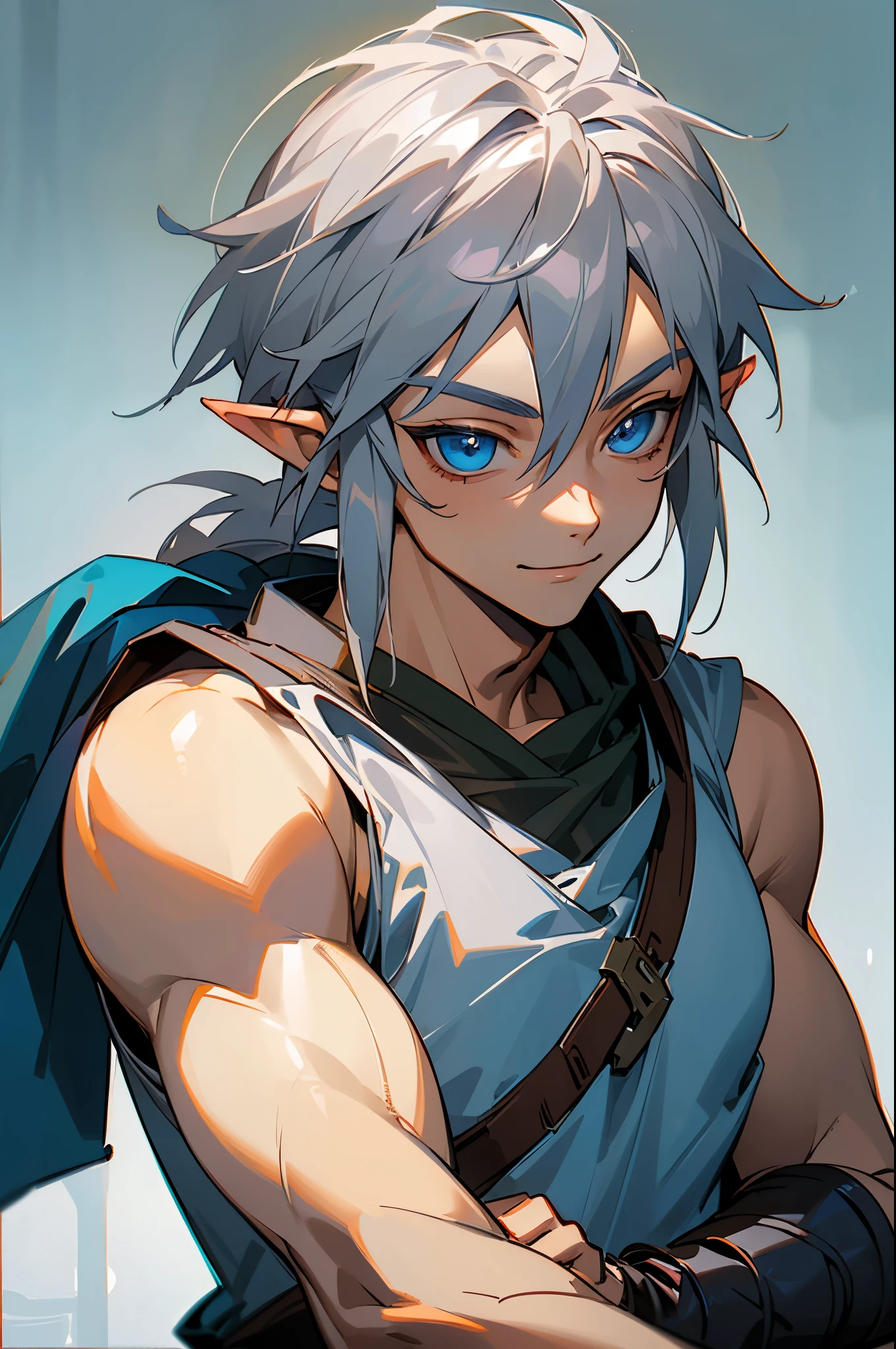 (best quality, masterpiece), 1boy, legend of zelda, link, smile, upper body, frosty silver hair, ice-blue eyes, arms on sides, muscular,