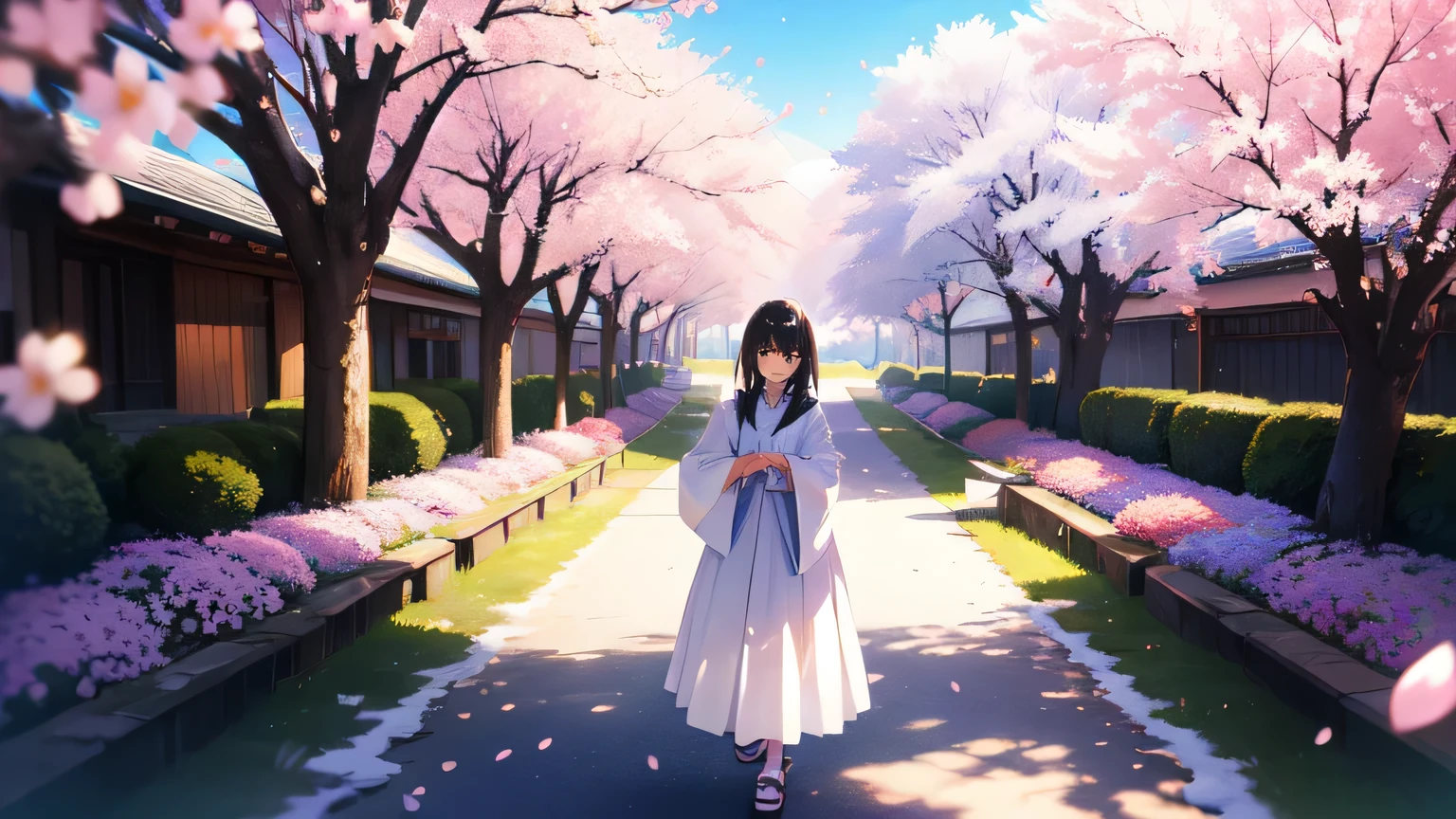 Snow and cherry blossoms on the ground.winter. 1000 cherry trees. Cherry blossoms on Shirakawa-go.(( Shirakawa-go)). Old Japanese Minka. The ground is covered with cherry blossoms. Grows on the lake. 8k, unreal engine 5, ultra sharp focus, award winning photograph, city pop animation, sakura, unexplored region. A beautiful 1 girl is standing in the back. A beautiful girl wearing a white dress.