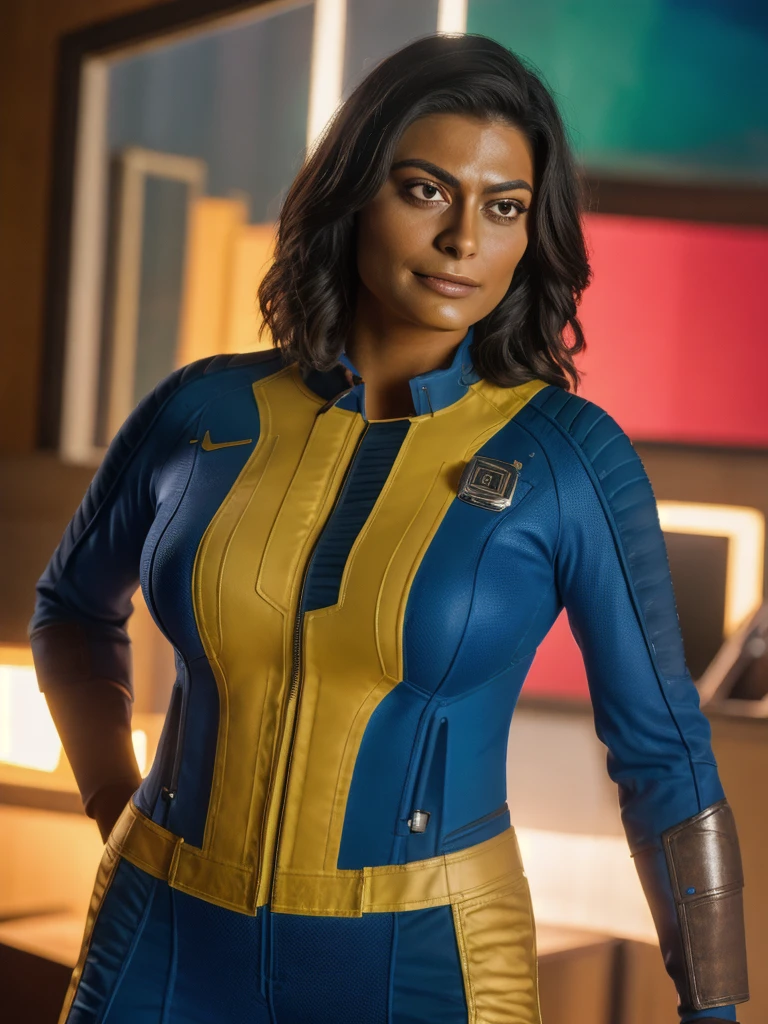 (juliana paes:1.1),wearing vaultsuit, 
professionally color graded, professional photography, well drawn, masterpiece, hyper realistic, ultra detailed, high quality, best quality, 4k, 8k, raw