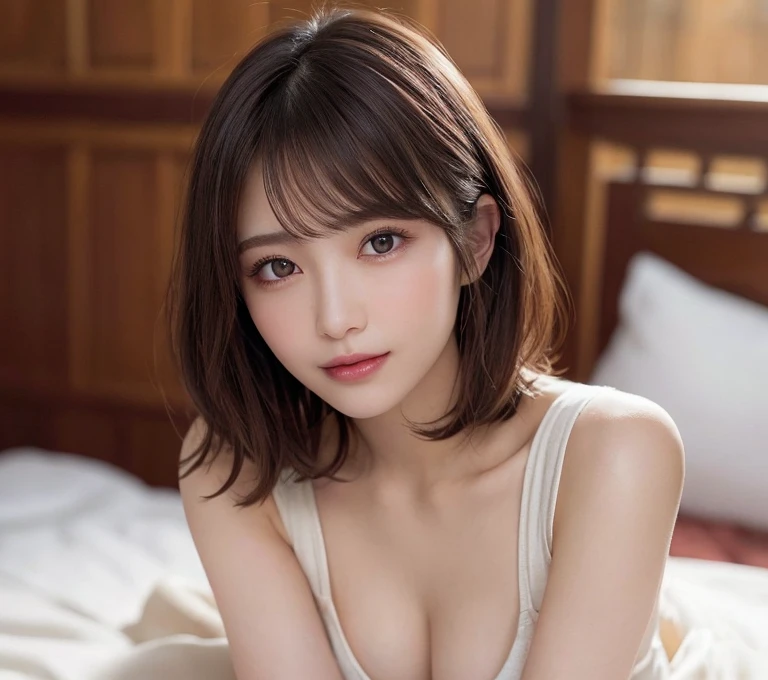 （highest quality:1.5）、(Realistic:1.5)、(1 person:1.5)、Very detailed、finely、High resolution、8k wallpaper、Perfect dynamic composition、Small breasts、Natural color lip、Cute smile、Japanese women、20-year-old girl、Beautiful and elaborate face、Perfect and beautiful face、Beautiful and detailed、Big eyes、Brunette eyes、Beautiful and elaborate face、Perfect and beautiful double eyelids、Natural Bangs、Beautiful thin nose、Beautiful Skin、Maroon brown hair、Medium Bob Hair、Short Hair、Natural Bangs、Bedroom、On the bed、Perfect and beautiful face、Natural pose、Slim face and figure、(looking at the camera)、Bright lighting、Professional Lighting、front lighting、Bold sexy pose、Natural smile、Cold Shoulder、Halter Shoulder、Beautiful clavicle、（A sexy shot of her looking straight at the camera）、Beautiful clavicle、Beautiful cleavage、Beautiful waistline、