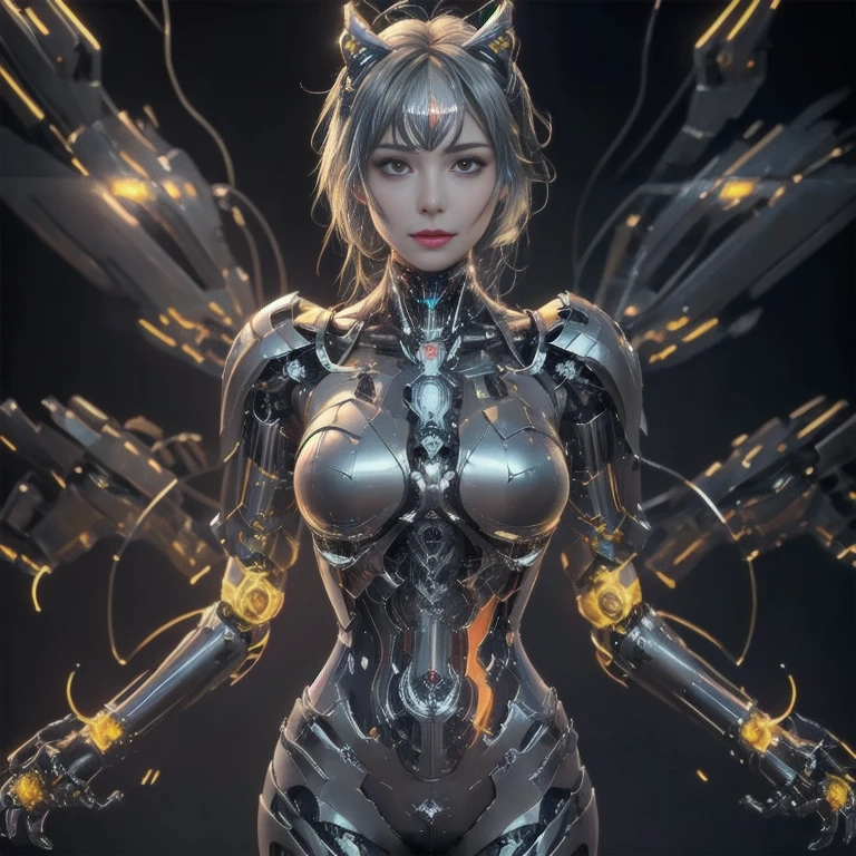 ((masterpiece, The best quality)), illustration, 8K ultra-detailed, realist, sharp focus, Highly detailed, Pro Lighting, Colorful details, Rainbow color break, Super Long Lens Factory, large mechanical robot structure, microchip, computer, luminescence, intricate details, shitu-mecha, 1girl, Use wick, belly button, color image, glow, (cyberpunk),walking in the city