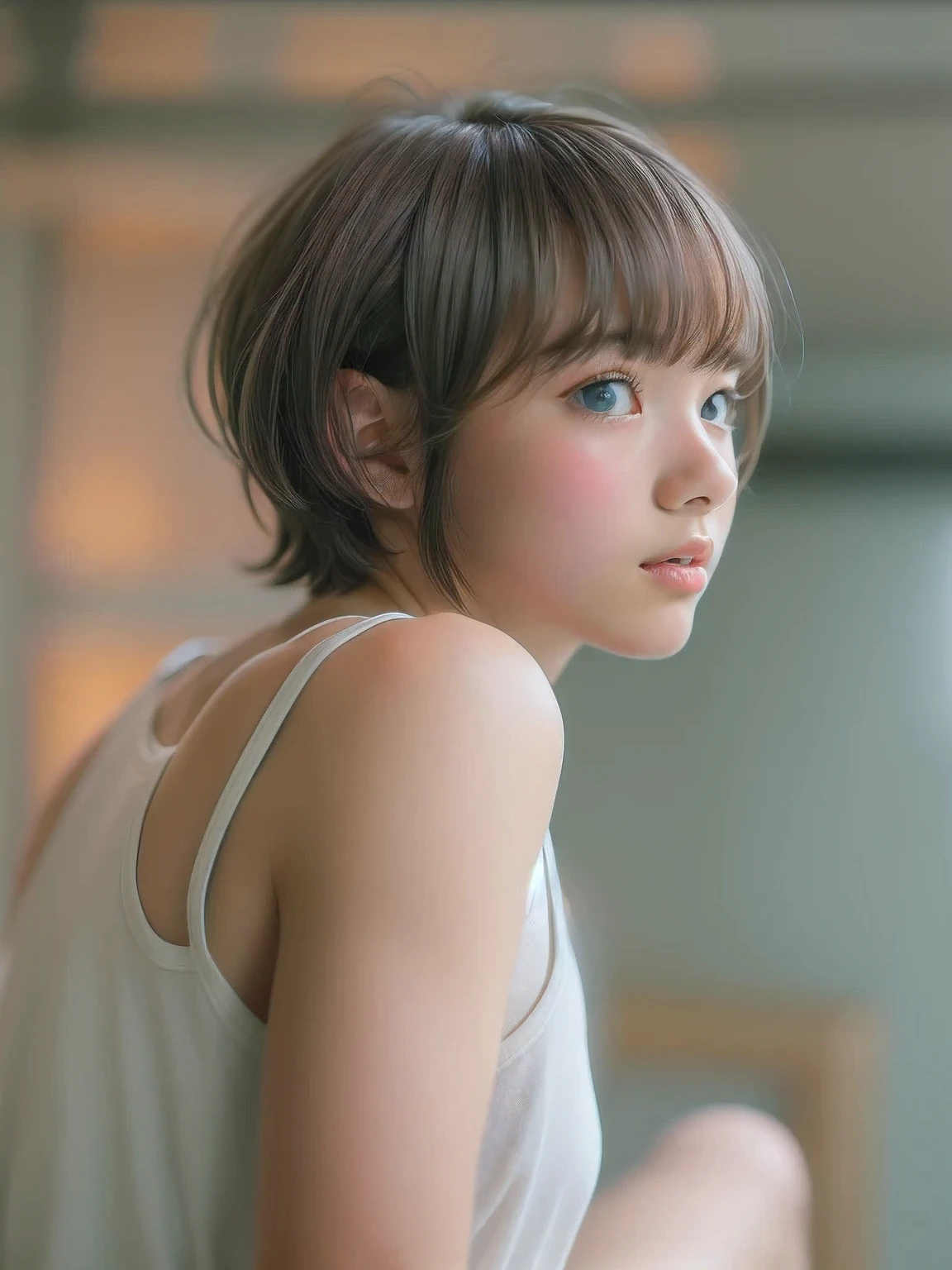 ((sfw: 1.4)), (( extra short hair, sidelocks-hair, 1Girl)),solo,((18 years old)), Ultra High Resolution, (Realistic:1.4), RAW Photo, Best Quality, (Photorealistic), Focus, Soft Light, ,((Japanese)), (((young face))), (wearing white tanktop:1.5),((hot denim pants)),(surface), (depth of field), masterpiece, (realistic), , bangs,,(face close up:0.8)