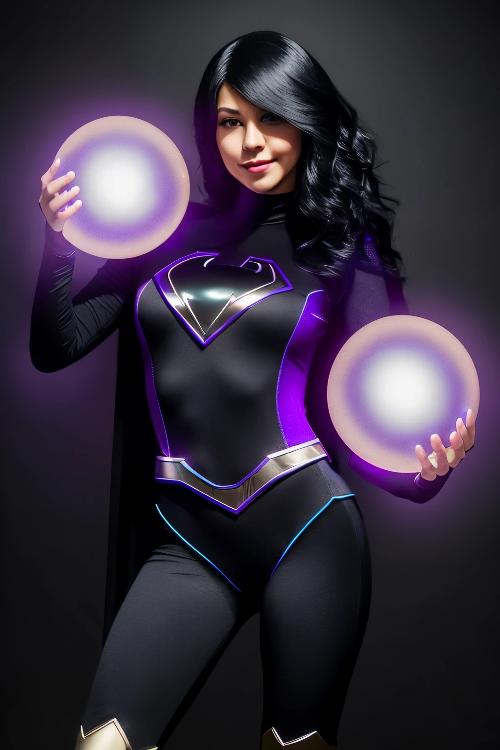 24 year old girl, superheroine in black and purple full bodysuit costume covering legs, black and purple superhero theme, she's a superhero long black hair, small glowing purple orb floating next to her, small purple energy orb next to her, intricate detail, masterpiece, ultra-realistic, 4k resolution, very detailed, family friendly

