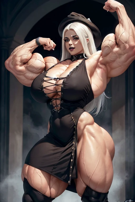 ((((Massive, tall, beautiful, buff, light brown skinned, muscular woman with white hair, black lipstick, ginormous bulky muscles, and wearing a beautiful gothic dress)))), ((witch hat)), black eyeliner, (massive muscles), massive biceps, hyper muscle triceps, (long straight hair), blue eyes, thigh high stockings, high heels, in the spooky forest, nighttime, surrounded by souls, evil smile, hyper muscles arms, hyper muscle legs, massive buff arms.