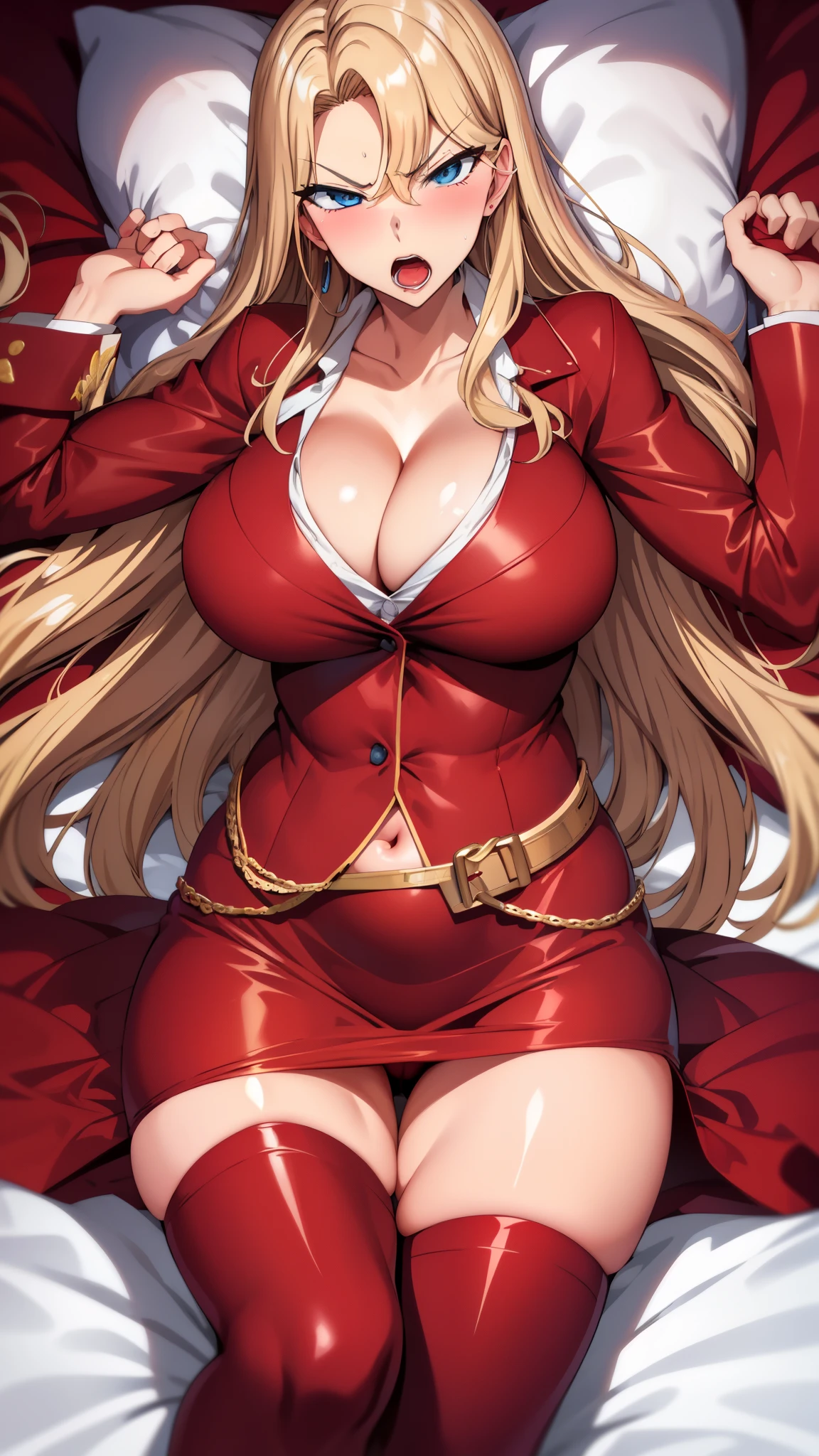 blonde hair,milf,blue eyes,long hair,angry,red suit,,open mouth,big breasts,,lying,on bed,dakimakura,blush,cowboy shot,,solo,cleavage,pantie