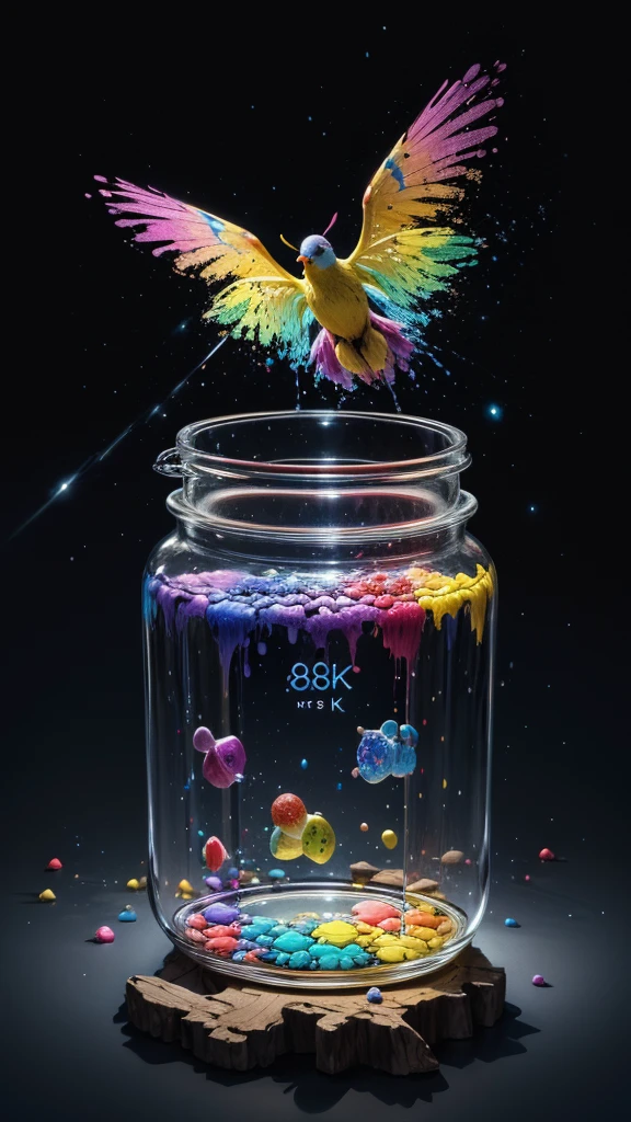 (8k, best quality, masterpiece:1.2),(best quality:1.0), (ultra highres:1.0), oil panting, infinite mirror candies popping in a crystal clear jar, mirrors background, 1980’s poster, extremely luminous bright design, flying light particles, pastel colors reflections, (ink:1.3)