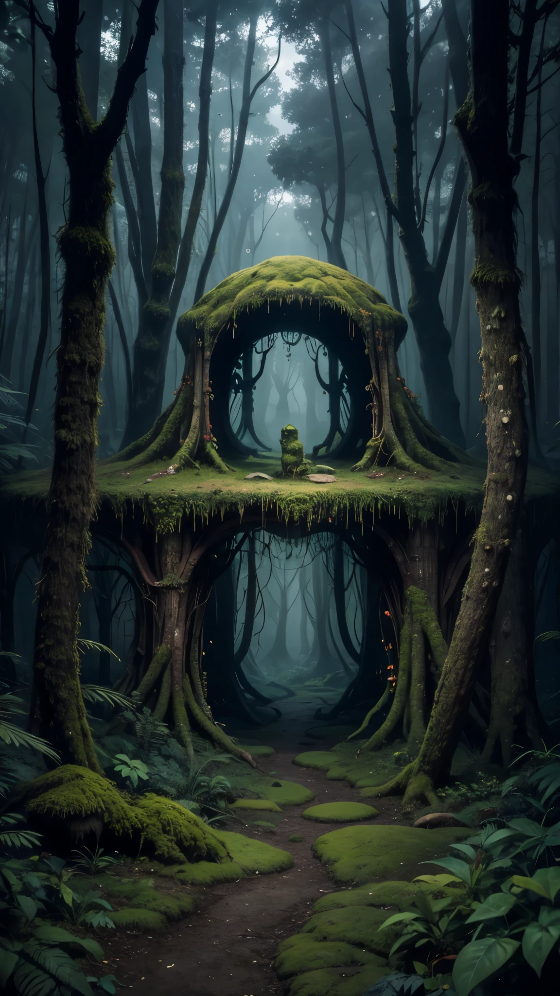 Photo of a portal in shape of a giant moss covered skull in the dark forrest, warner brothers film style, mystic, psychodelic atmosphere, 35mm
