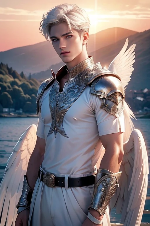 ((Best quality)), ((masterpiece)), (detailed), ((perfect face)), ((halfbody)) perfect proporcions,He is a handsome angel, 25 years old, white hair, he has white wings, He wears silver armor, angel wings, he has honey-colored eyes, There is a pink sky behind him, muscular male, he is a warriorangel, There is a sunset sky, he spreads his white angel wings there is a lake in the background, he has a metal belt, ((perfect face))