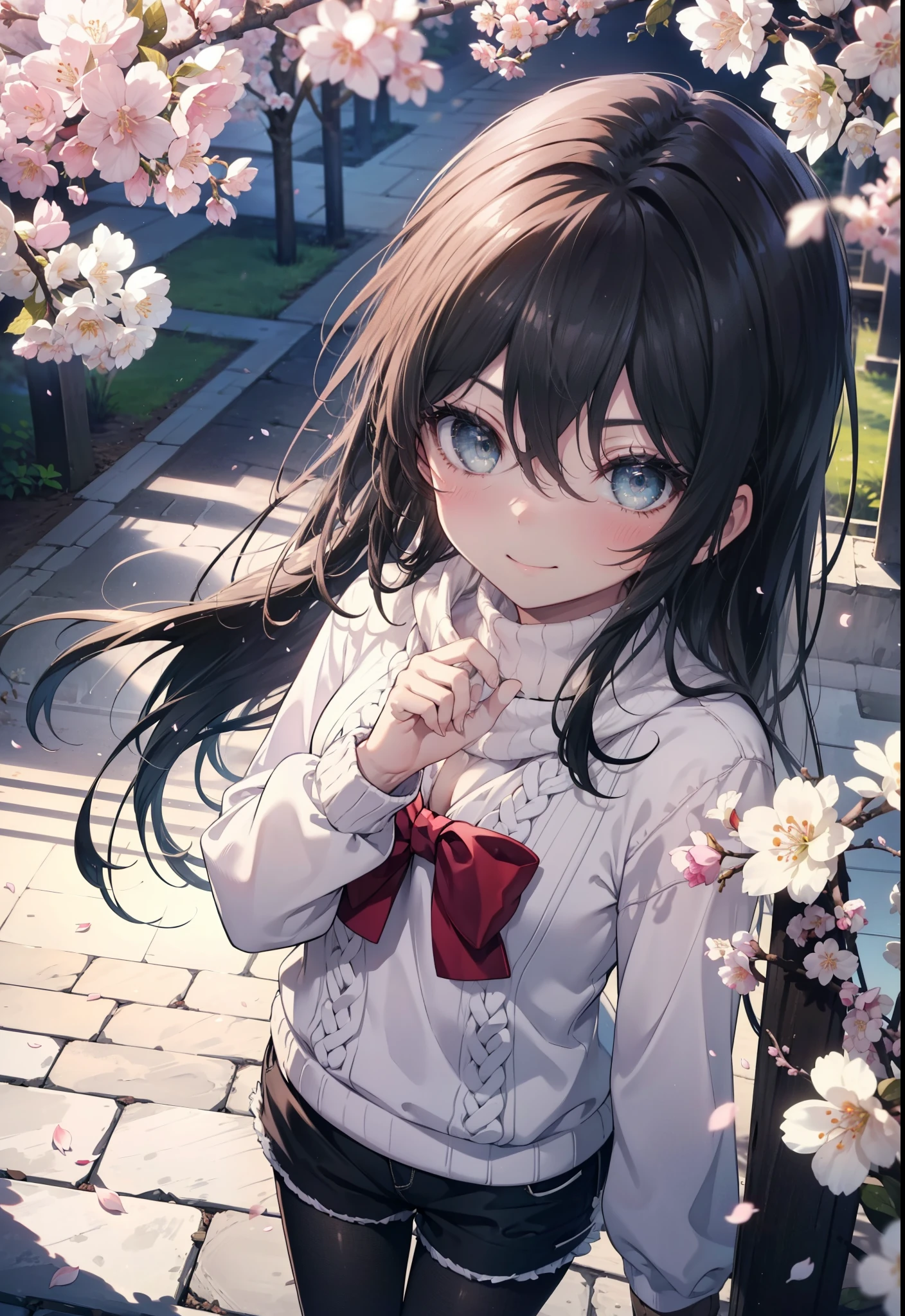Shana,灼眼のShana,Long Hair,Black Hair, Black eyes Small breasts,smile,blush,White Sweater,Shorts,Black pantyhose,Mini Boots,Cherry blossom tree-lined path,Cherry blossoms are blooming,Cherry blossoms are scattered,morning,morning陽,The sun is rising,Looking down from above,
break looking at viewer, (Cowboy Shot:1. 5)
break outdoors, garden,
break (masterpiece:1.2), highest quality, High resolution, unity 8k wallpaper, (figure:0.8), (Detailed and beautiful eyes:1.6), Highly detailed face, Perfect lighting, Extremely detailed CG, (Perfect hands, Perfect Anatomy),