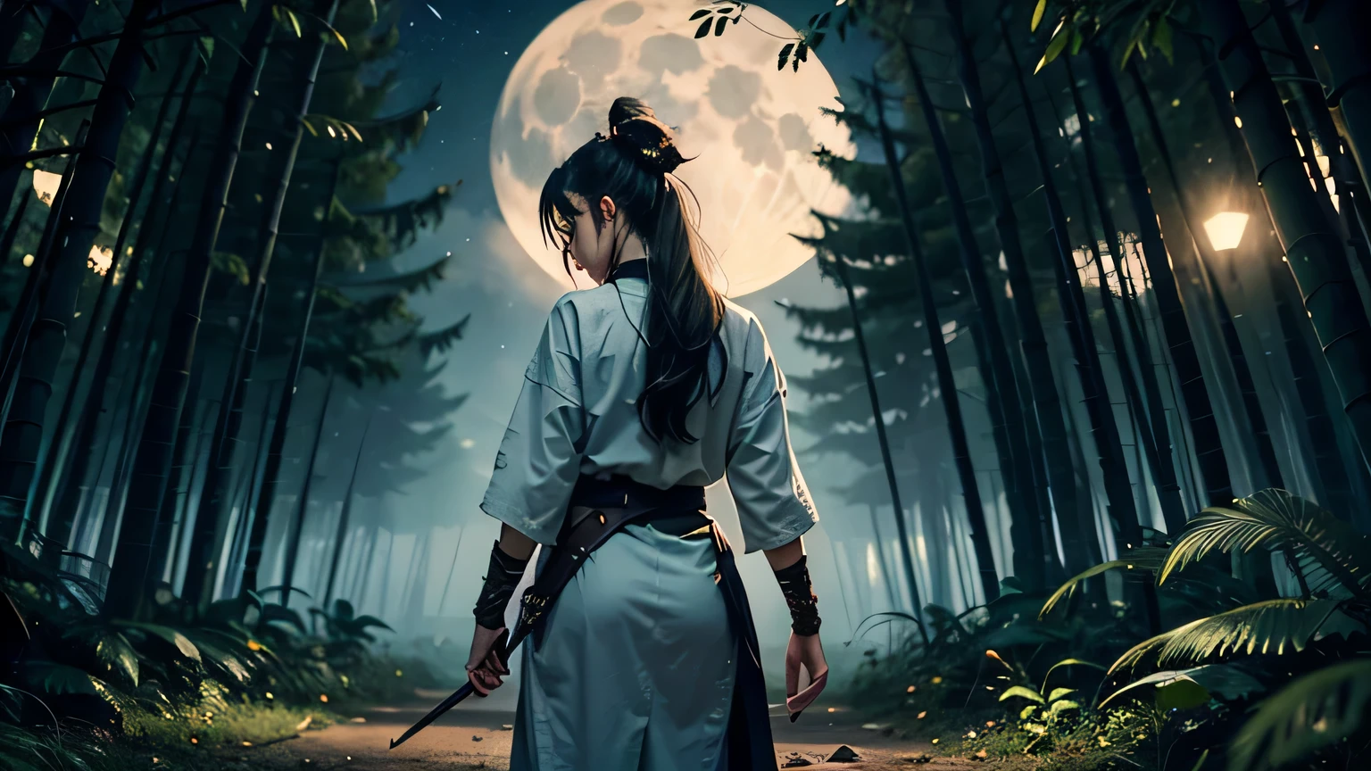 Visualize a female ninja with long black hair styled in a single tail, seen from behind, within a dense bamboo forest under a full moon. She is battle-damaged, with her clothing torn and stained, hinting at a recent conflict. In her hand, she tightly grips a kunai, ready for any threat that might emerge from the shadows. The moonlight casts a stark, silvery glow through the bamboo, creating dramatic highlights and deep shadows across her and the surrounding foliage. This scene is captured as if through a full-frame mirrorless camera with a 135mm focal length, emphasizing a dark, moody atmosphere with intense realism in the depiction of her posture, the texture of her outfit, and the natural environment. The overall image is dark and filled with suspense, perfectly capturing the essence of a lone ninja alert and prepared amidst the quiet of the night.