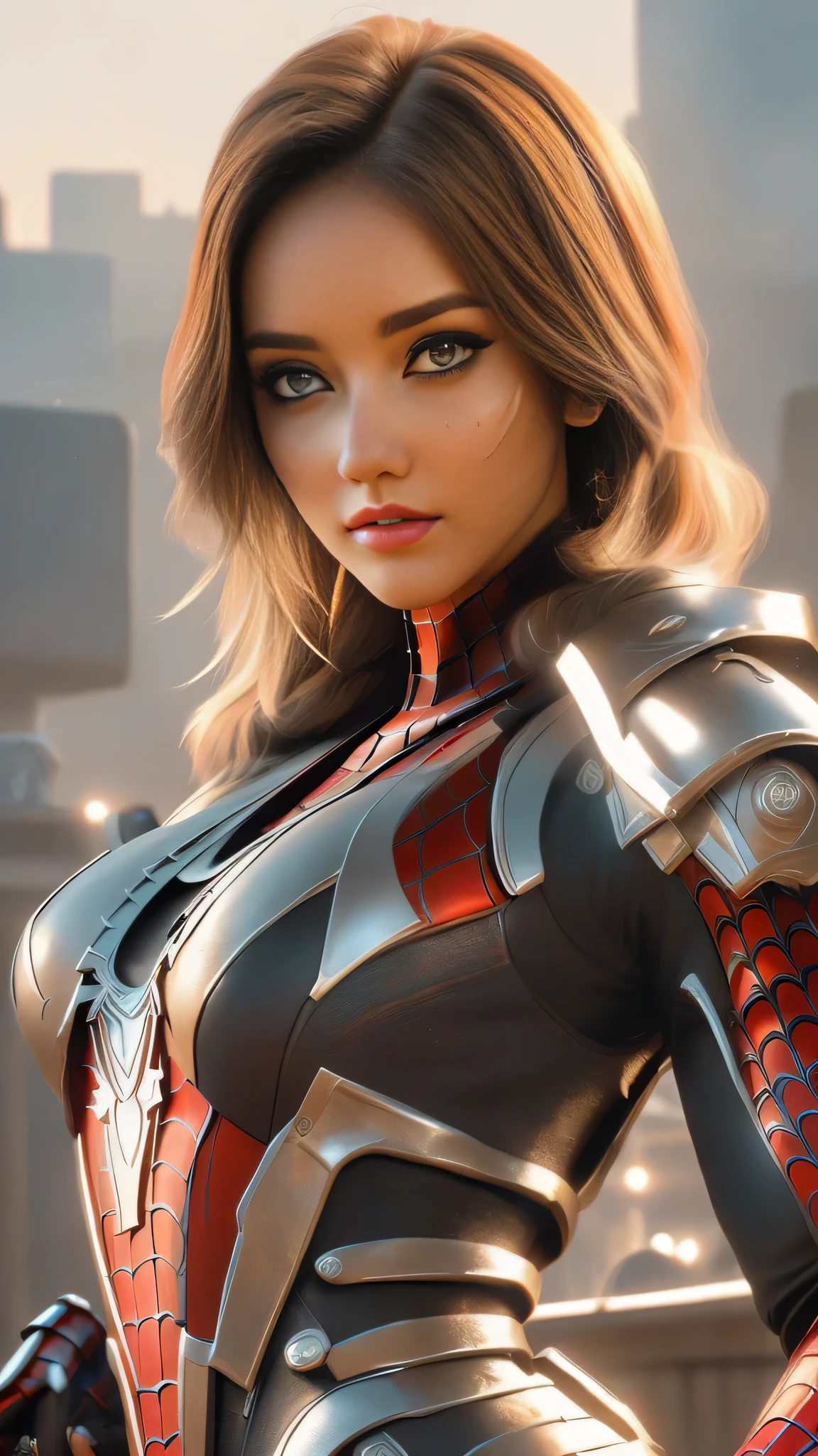 (1girl:1.3), Solo, (((Very detailed face)))), ((Very detailed eyes and face)))), Beautiful detail eyes, Body parts__, Official art, Unified 8k wallpaper, Super detailed, beautiful and beautiful, beautiful, masterpiece, best quality, original, masterpiece, super fine photo, best quality, super high resolution, realistic realism, sunlight, full body portrait, amazing beauty, dynamic pose, delicate face, vibrant eyes, (from the front), She wears Spider-Man suit, red and black color scheme, spider, very detailed city roof background, rooftop, overlooking the city, detailed face, detailed complex busy background, messy, gorgeous, milky white, highly detailed skin, realistic skin details, visible pores, clear focus, volumetric fog, 8k uhd, DSLR, high quality, film grain, fair skin, photo realism, lomography, futuristic dystopian megalopolis, translucent
