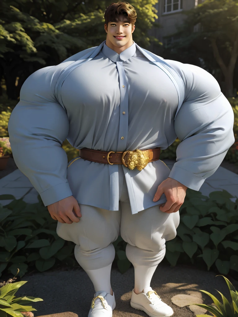 1boy korean male, (korean man with k-pop idol look), giant, model shoot style, looking at viewer, standing, strong body, standing, in the garden, formal suit & pants, prominent large bulge, brutalmass, detailed face, heavy muscular, stubble, photo real, big, brutalmass, giant, muscular body, bulk, massive body, large size, smile, illuminating light, golden hour, outdoor