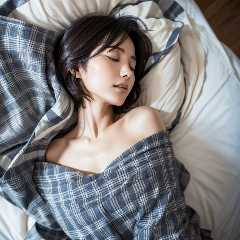 A beautiful Japanese woman in her thirties with short hair lies on her bed in her bedroom in the morning, wearing a navy blue long-sleeved cotton shirt and wrapped in a black and gray plaid blanket, closing her eyes and breathing quietly. profile. Focal length 100mmf/2.8, spring morning, rain, bedroom on the upper floor of a high-rise apartment, well-shaped face, toned body, sleeping profile, close-up of facial expression, bird's-eye view, sense of presence, 8K image quality, highest quality.