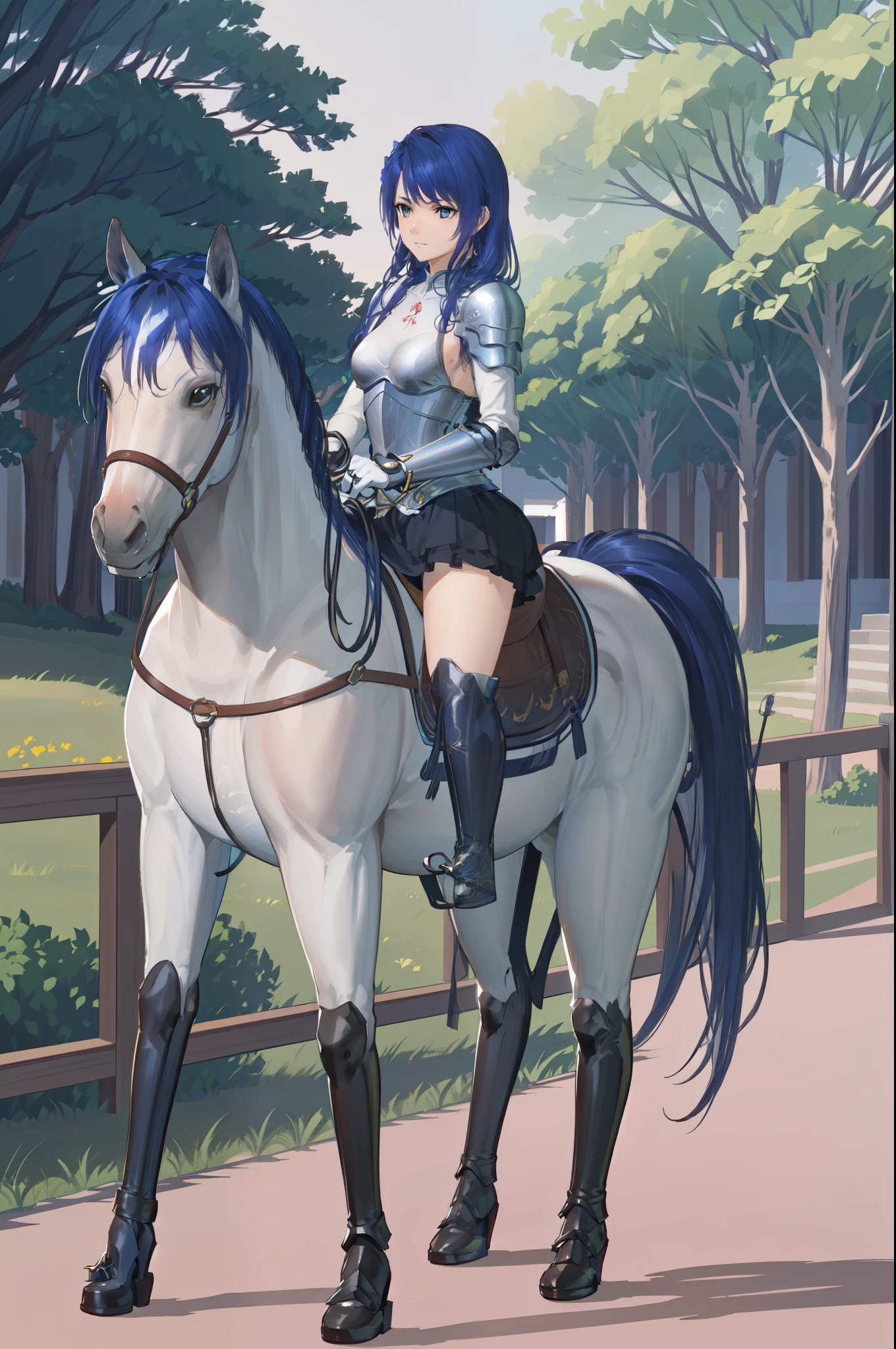 ((best quality)), ((anime masterpiece)), (detailed), 4k, realistic, perfect face, female knight, from side, long hair, female knight (blue armor, blue miniskirt, blue boots), horseback riding, horse riding, (white horse, saddle, stirups, reins: 1.5), walking: 1.5, beautiful forest, best scenery, from side, anatomically correct