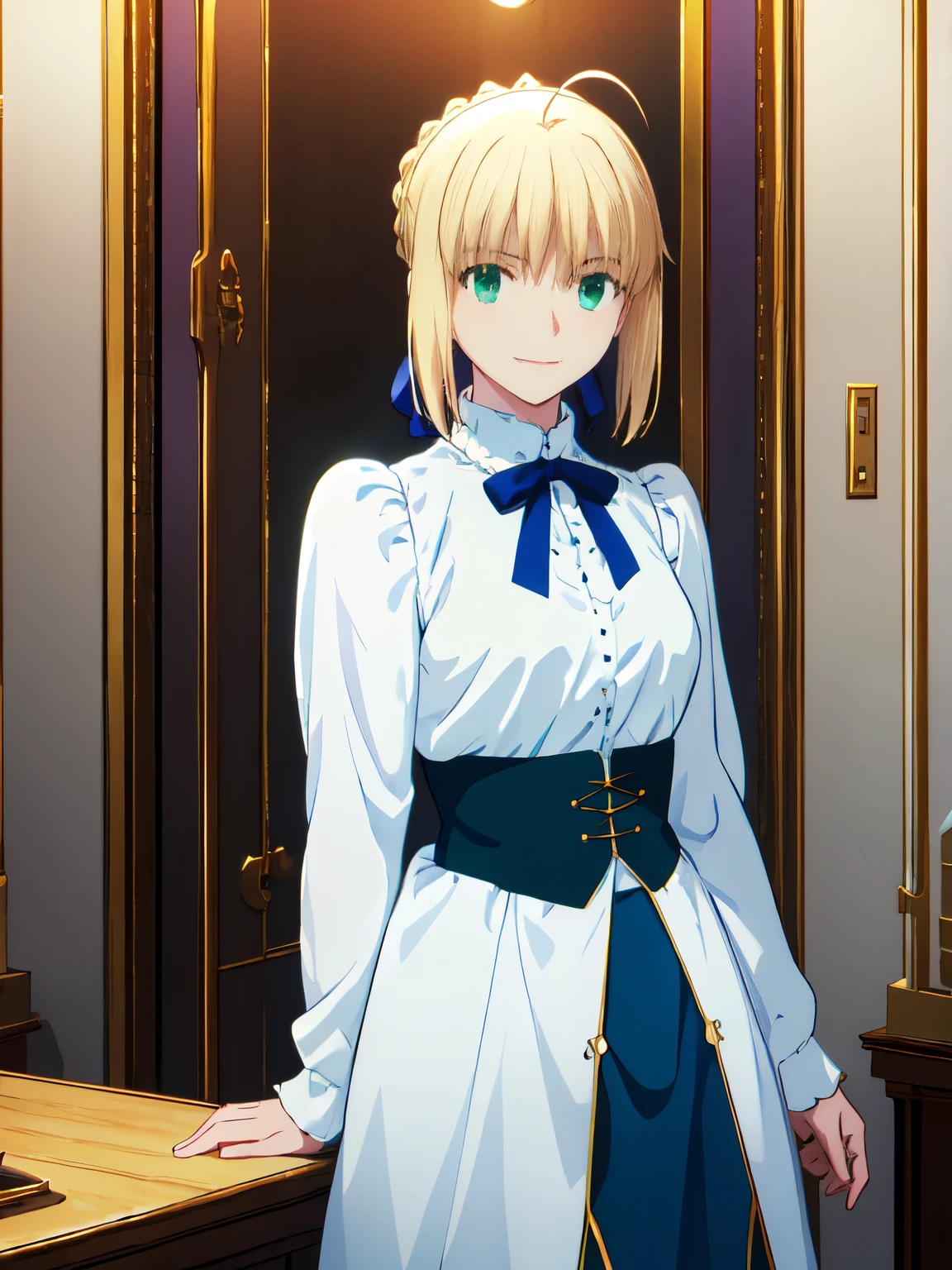 (masterpiece:1.4), (best quality:1.4), realistic, highres, 1girl, artoria pendragon \(fate\), fair skin, large breast, little ahoge, green eyes, white shirt, blue skirt, happy, little smile, blush, stand, in the home, face focus, from the side, looking at viewer, good pose, night time