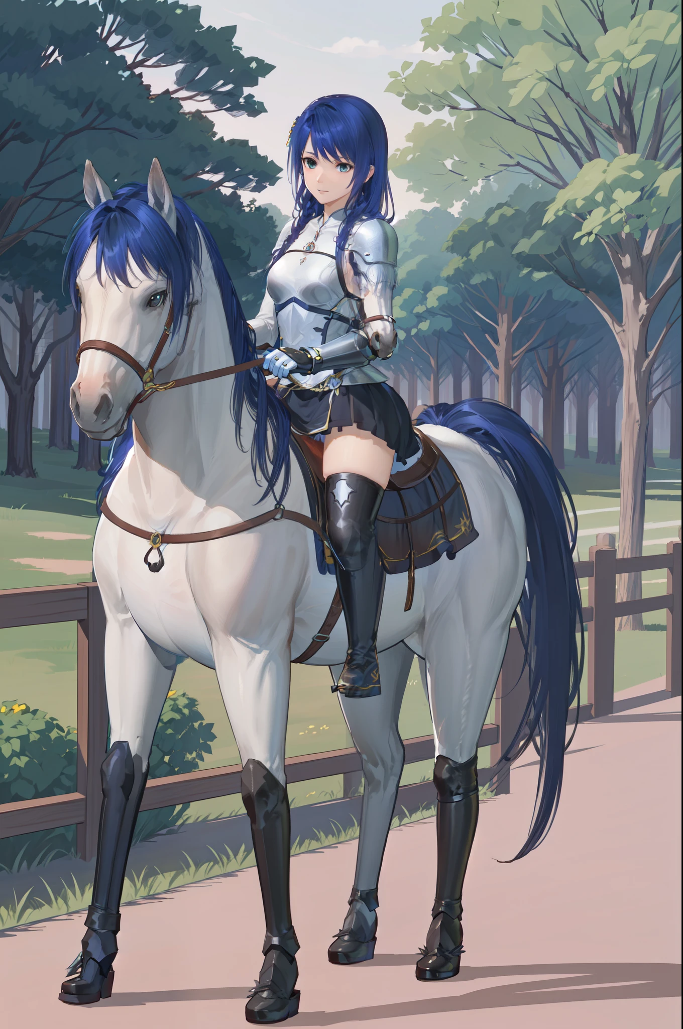 ((best quality)), ((anime masterpiece)), (detailed), 4k, realistic, perfect face, female knight, from side, long hair, female knight (blue armor, blue miniskirt, blue boots), horseback riding, horse riding, (white horse, saddle, stirups, reins: 1.5), walking: 1.5, beautiful forest, best scenery, from side, anatomically correct