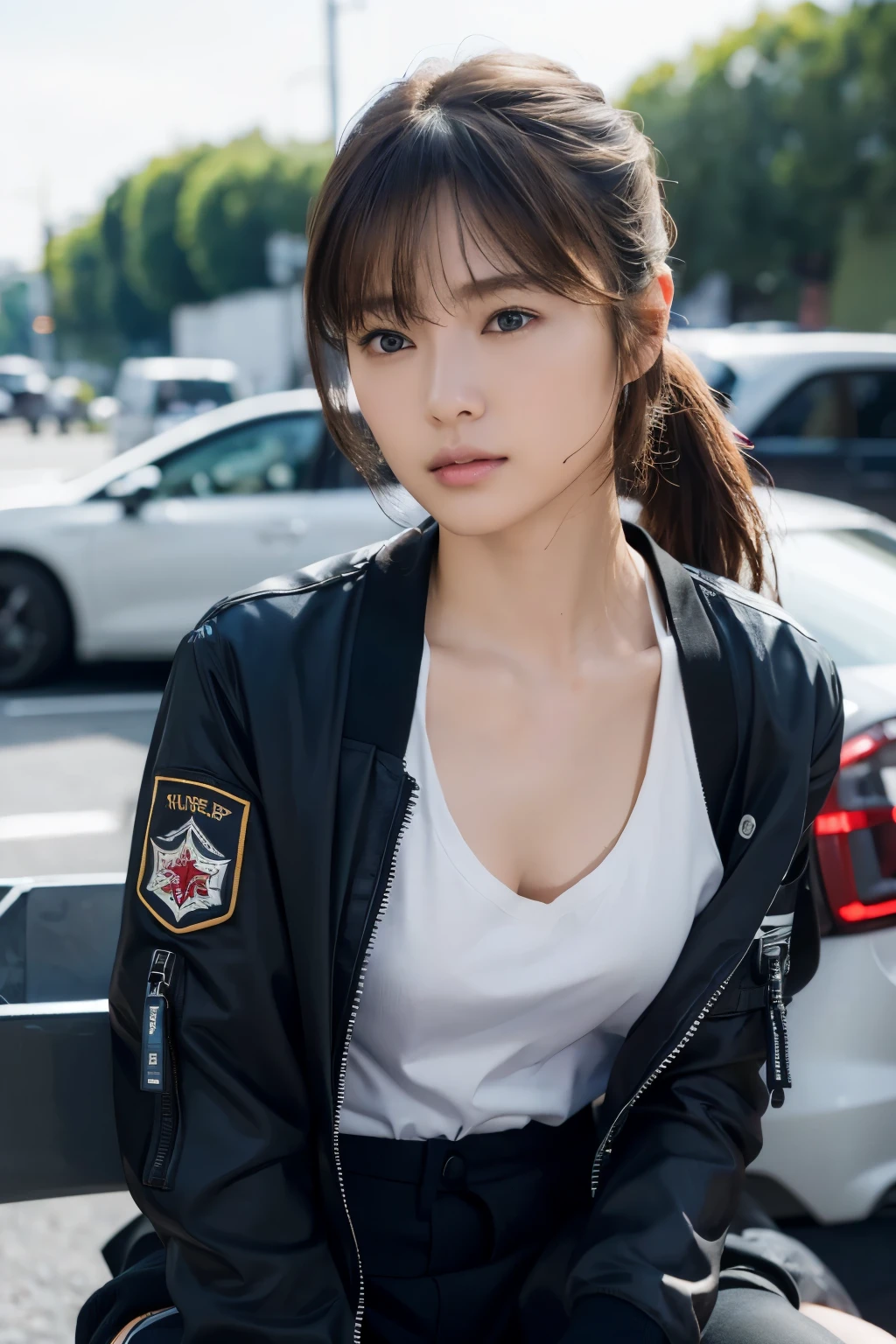 (masterpiece:1.2), ultra detailed, ultra high res, (realistic, photo realistic:1.37), high detail RAW color photo, professional photograph, extremely detailed face, extremely detailed eyes, extremely detailed skin, extremely detailed fingers, highly detailed nose, highly detail mouth, Perfect Anatomy, Highly detailed background, (a famous actress of Japan), (gals:1.3), (flat chest:1.4), brown race, dark skin, blonds hair, ponytail, futuristic technology background, (future war vehicle in the background), (wearing black air bomber jacket with many patches, t-shirt with less cloth, cargo pants:1.2), sitting,