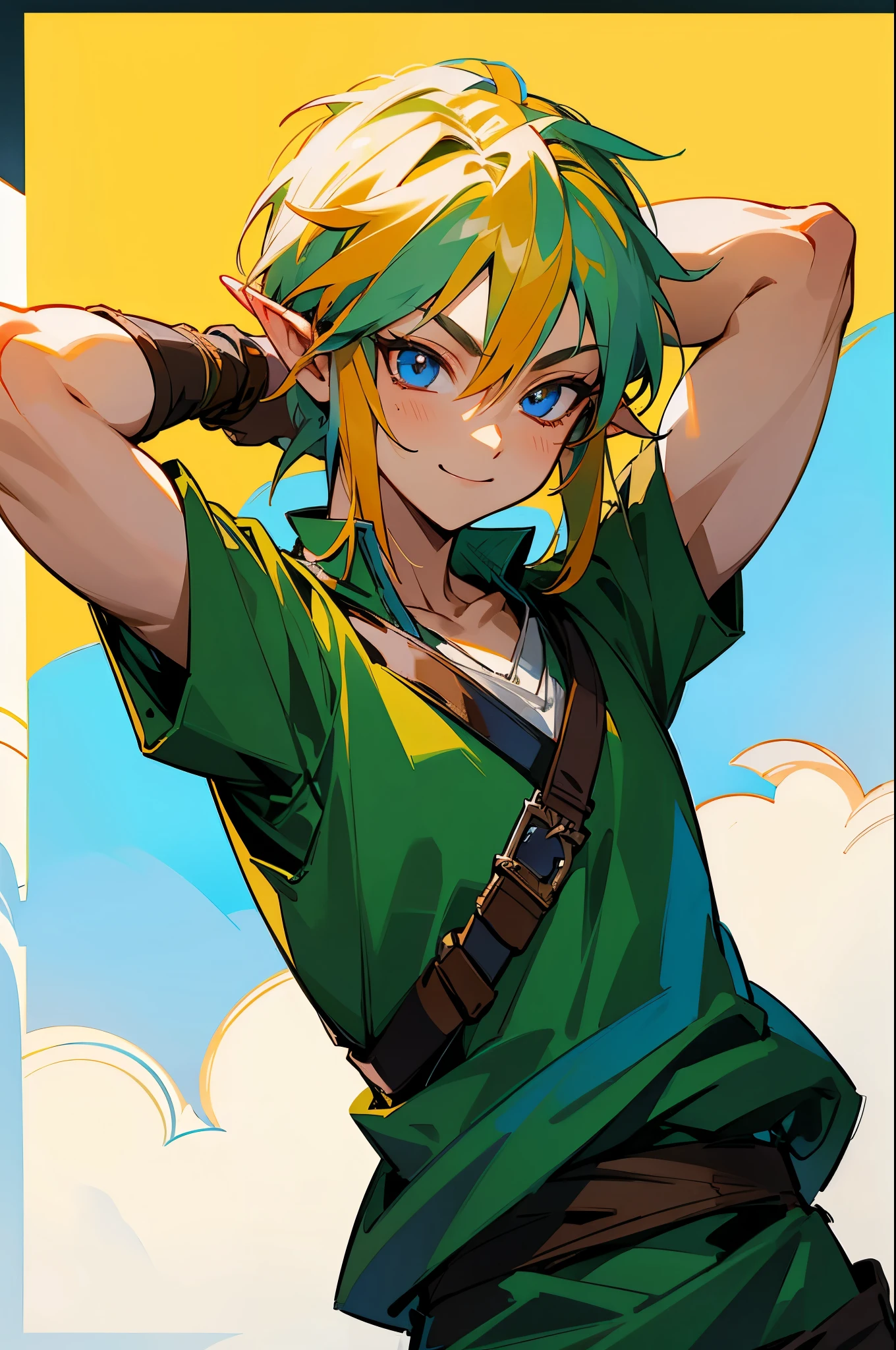 (best quality, masterpiece), 1boy, legend of zelda, link, smile, upper body, two toned hair ,multicolor hair, random color eyes, arms in pockets, muscular,
