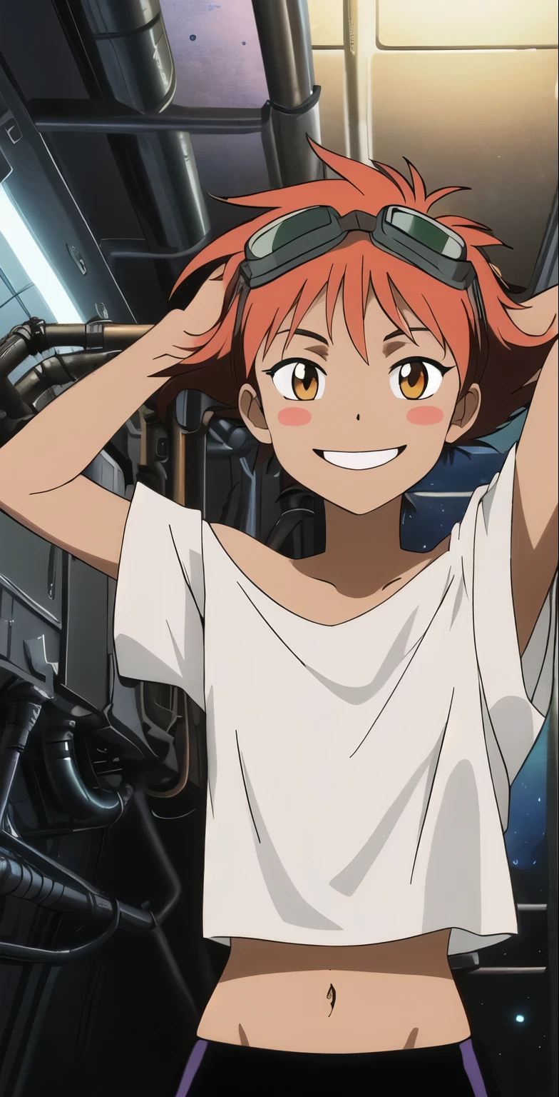 Edward, midriff, orange hair, blush stickers, dark skin, (white loose shirt), off shoulder, bike shorts, brown eyes, goggles on head, smile, space station, engine room, hands behind head, standing on one leg, upper body, (insanely detailed, beautiful detailed face, masterpiece, best quality ,