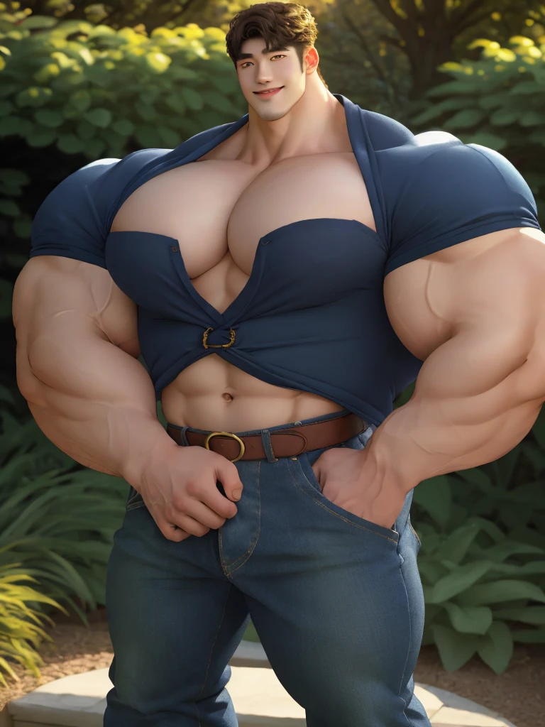1boy korean male, (korean man with k-pop idol look), giant, model shoot style, looking at viewer, standing, strong body, standing, in the garden, barechest, belt & pants, prominent large bulge, brutalmass, detailed face, heavy muscular, stubble, photo real, big, brutalmass, giant, muscular body, bulk, massive body, large size, smile, illuminating light, golden hour, outdoor