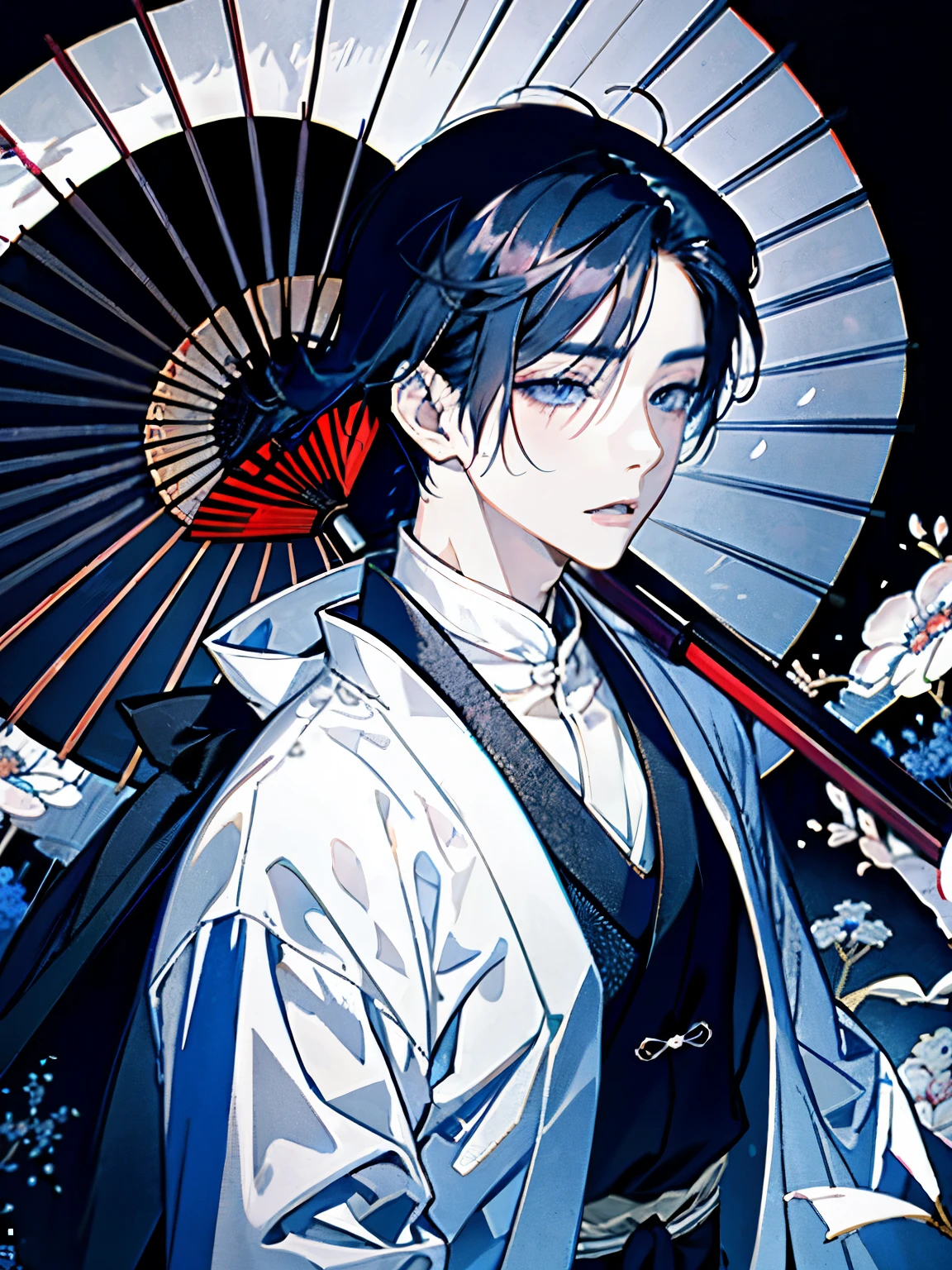 Han Guangjun,A young man around 25 years old,Dark Eyes,White and blue long robe,Black Hair,White background,Long Straight Hair,(it's raining),(Japanese Umbrella:1.5),A sad face,Rain-soaked flowers