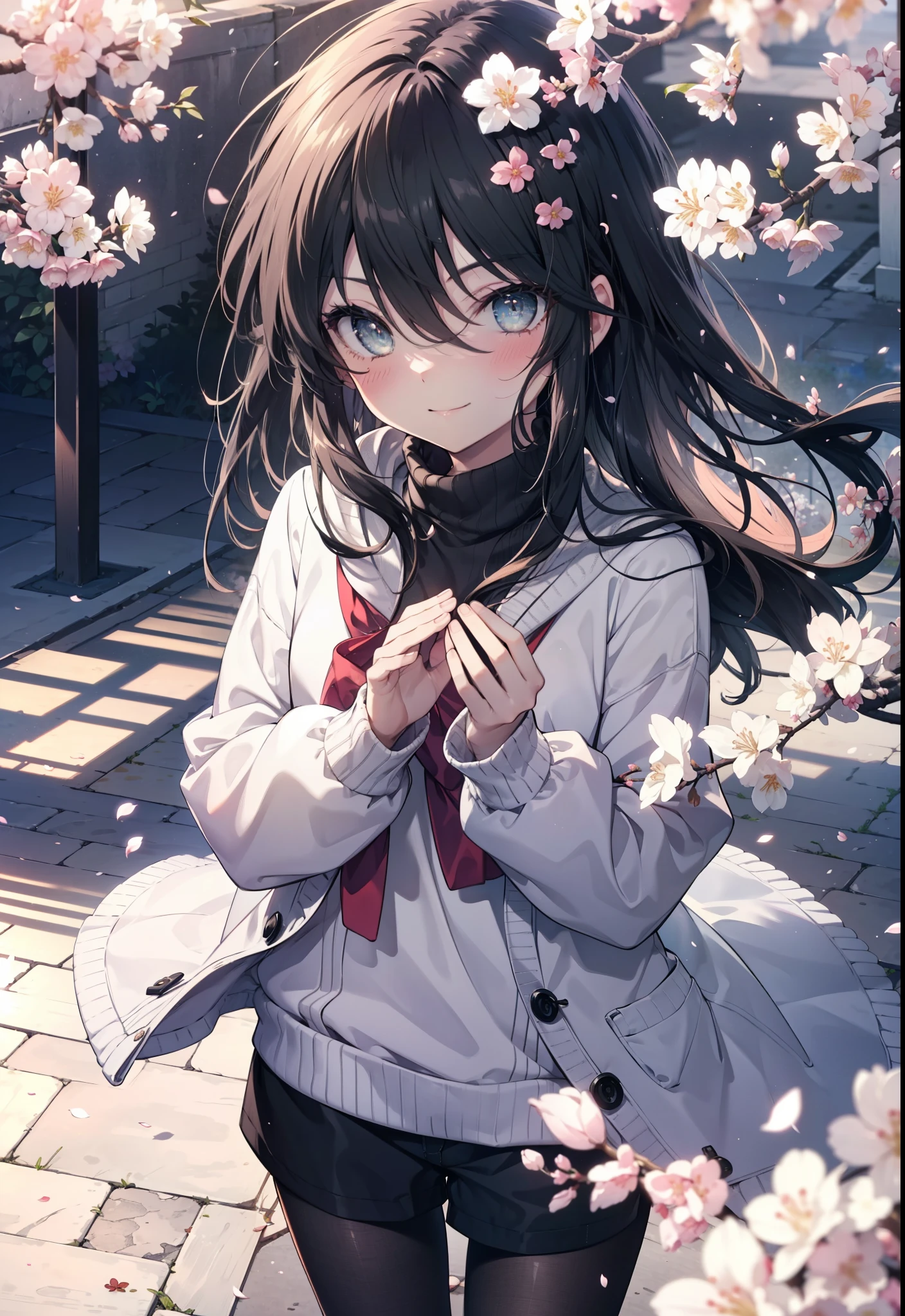 Shana,灼眼のShana,Ahoge,Long Hair,Black Hair, Black eyes Small breasts,smile,blush,White Sweater,Shorts,Black pantyhose,Mini Boots,Cherry blossom tree-lined path,Cherry blossoms are blooming,Cherry blossoms are scattered,morning,morning陽,The sun is rising,Looking down from above,
break looking at viewer, (Cowboy Shot:1. 5)
break outdoors, garden,
break (masterpiece:1.2), highest quality, High resolution, unity 8k wallpaper, (figure:0.8), (Detailed and beautiful eyes:1.6), Highly detailed face, Perfect lighting, Extremely detailed CG, (Perfect hands, Perfect Anatomy),