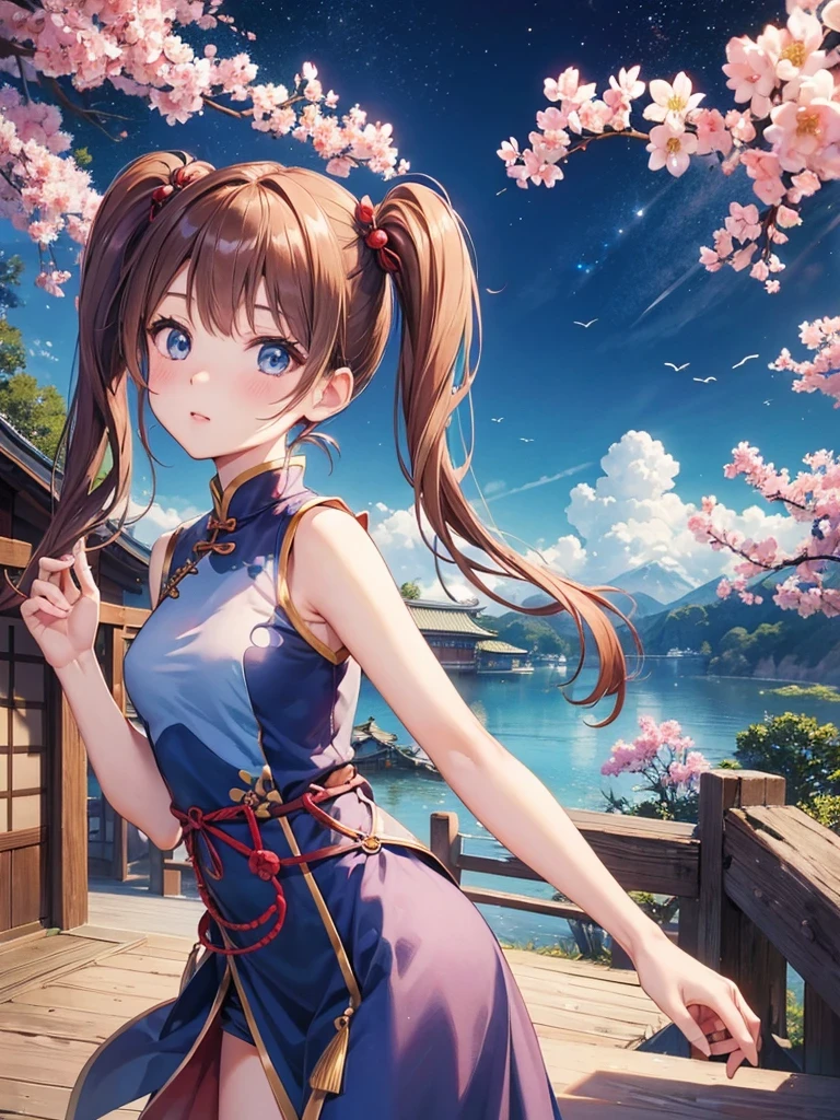 (high quality:1.2),realistic,Japanese zoom,women,looking up,cute,beautiful detailed、 blue eyes,chestnut hair,Twin tails,Sleeveless Chinese dress,slender,small breasts,upper body