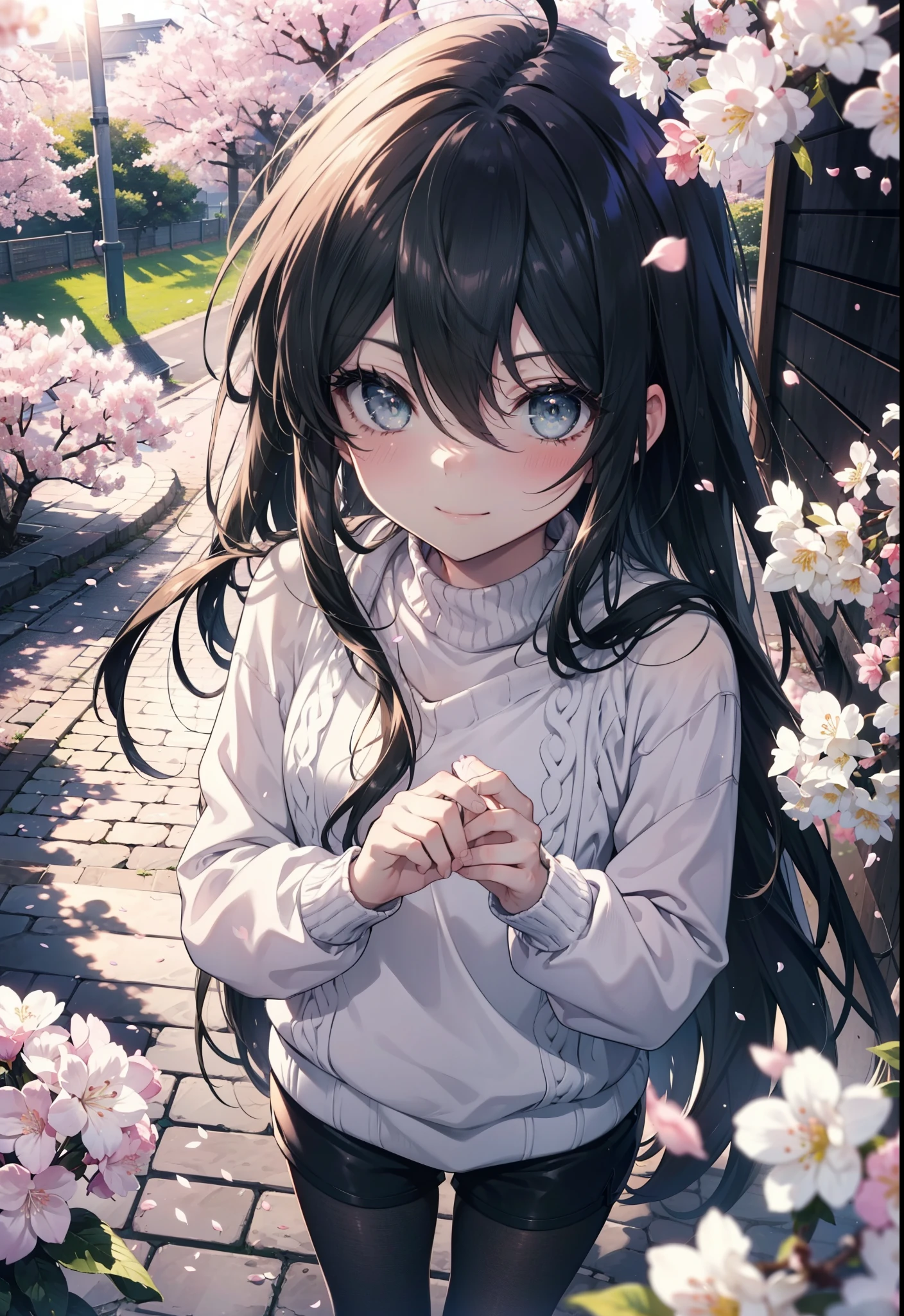 Shana,灼眼のShana,Ahoge,Long Hair,Black Hair, Black eyes Small breasts,smile,blush,White Sweater,Shorts,Black pantyhose,Mini Boots,Cherry blossom tree-lined path,Cherry blossoms are blooming,Cherry blossoms are scattered,morning,morning陽,The sun is rising,Looking down from above,
break looking at viewer, (Cowboy Shot:1. 5)
break outdoors, garden,
break (masterpiece:1.2), highest quality, High resolution, unity 8k wallpaper, (figure:0.8), (Detailed and beautiful eyes:1.6), Highly detailed face, Perfect lighting, Extremely detailed CG, (Perfect hands, Perfect Anatomy),