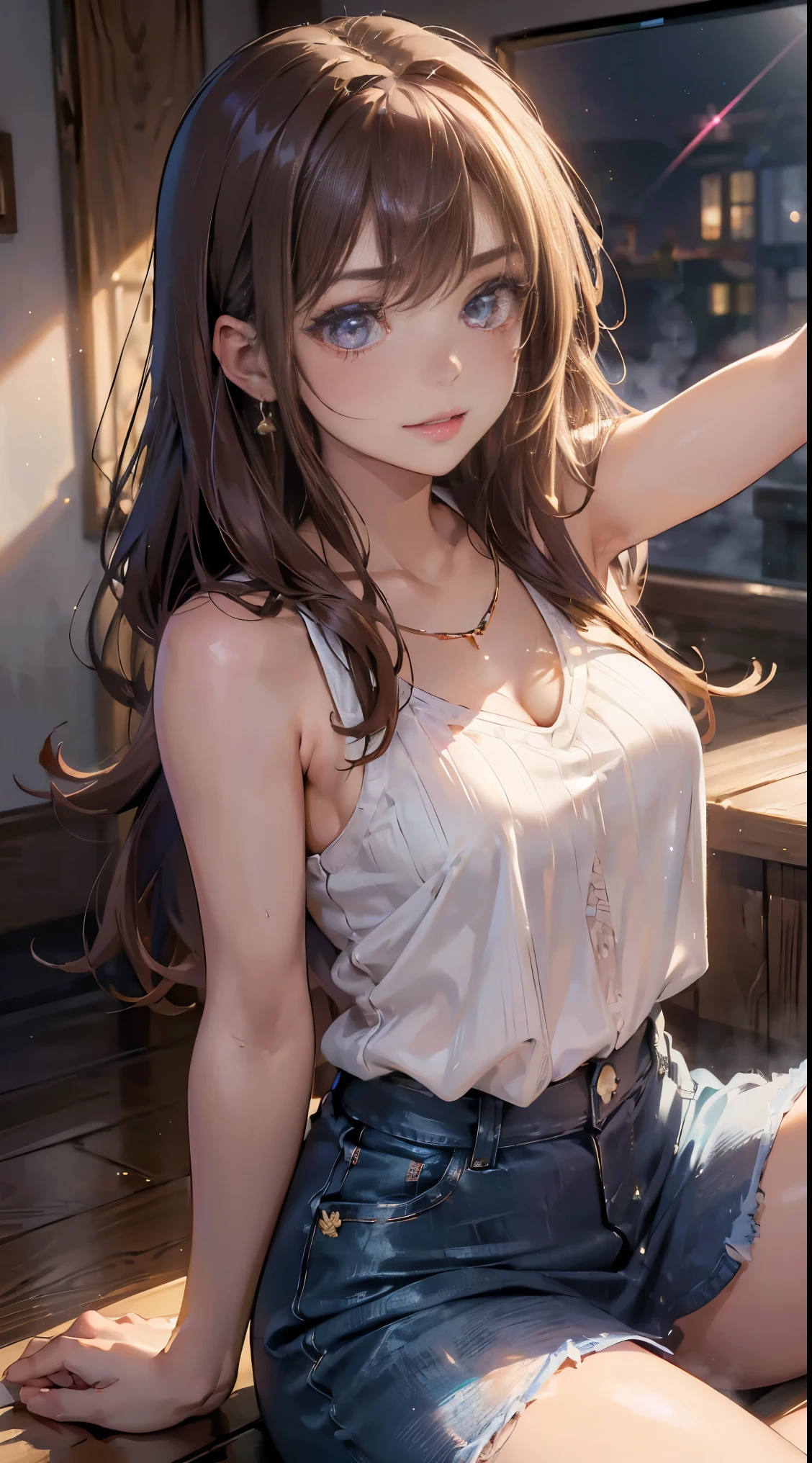 (Tabletop: 1.3), (Maximum resolution: 1.2), (Ultra HDTV: 1.2), Cinematic light, Ultra HDTV, (Fine grain and skin), (Detailed facial features), Hmph, 8k resolution, Sharp focus: 1.2, Perfect Style, Beautiful Face, Perfect body, Accurate, Anatomically correct, Highly detailed face and skin texture, Fine grain, dark blue eyes, double eyelid, Thin eyebrows, Glitter Eyeliner: 1.2, natural cheeks, Glowing Skin, Fair skin: 1.2, Shiny little necklace and earrings, (Glossy Lips: 1.4), break, First Person View, (She is a very cute female teacher), (Pink lace panties), (Captivating smile: 1.2), ((Pure and cute girl:1.3)), (Long Wavy Hair), (Light Brown Hair:1.2), (Cowboy Shot: 1.2), break, ((Very close relationship: 1.2)), Medium large breasts, ((View your viewers:1.2)), ((Hot Spring Trip:1.2)), ((Bend your knees and open your legs wide:1.2)), (From the side:1.2),Low angle shot,Sleeveless sweater Tight Jeans Skirt