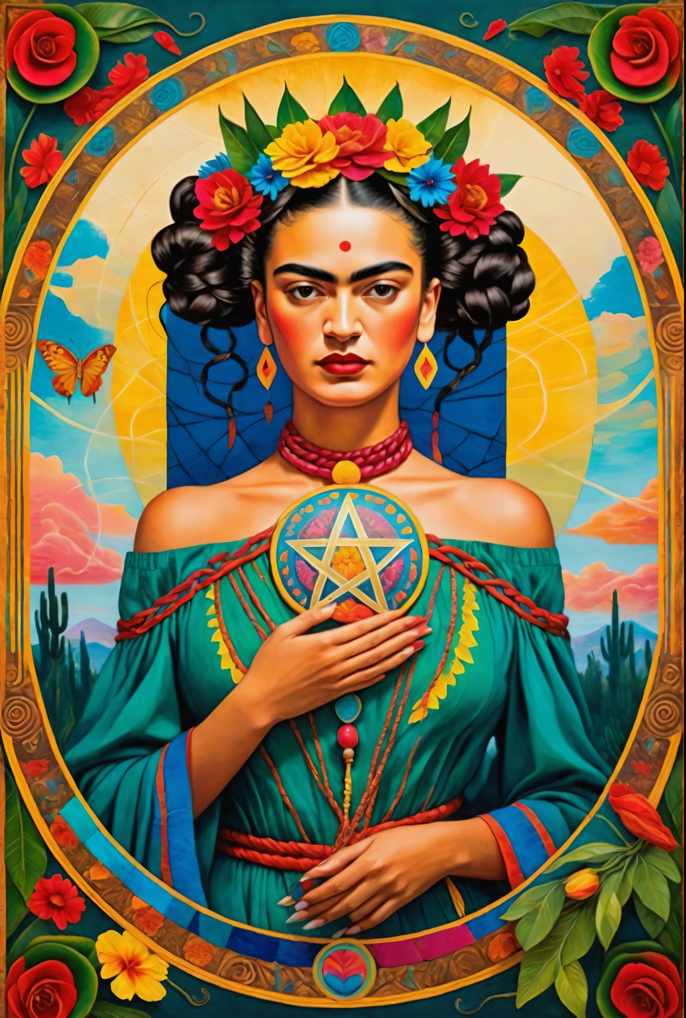 Frida Kahlo as a Tarot Card: Frida Kahlo,A goddess-like interpretation, vibrant colors, detailed portrait, surreal elements,Frida's iconic unibrow and braided hair,flowers and plants as symbolic representation of nature and growth,emphasize her powerful gaze and confident expression,rich texture and brush strokes inspired by Frida's own painting style,incorporate elements of Mexican culture and tradition, mystic atmosphere, hints of symbolism related to Frida's life and art, a touch of magical realism, detailed patterns in the background, surreal motifs like butterflies or surreal animals, a halo or a radiant aura to highlight her divinity, intricate costume inspired by traditional Mexican clothing, vibrant color palette with bold contrasts, soft and ethereal lighting, exquisite attention to facial features and expressions, a sense of empowerment and inner strength, an overall composition that reflects the enigmatic allure of tarot cards, a touch of Frida's signature artistic flair. (best quality, highres, vivid colors, photorealistic, artistic interpretation, detailed portrait), surreal tarot card, Frida Kahlo as a goddess in the tarot deck.