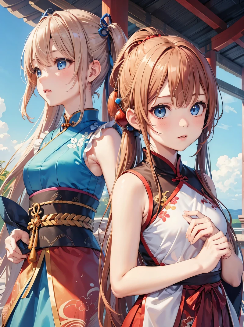 (high quality:1.2),realistic,Japanese zoom,women,looking up,cute,beautiful detailed、 blue eyes,chestnut hair,Twin tails,Sleeveless Chinese dress,slender,small breasts,upper body