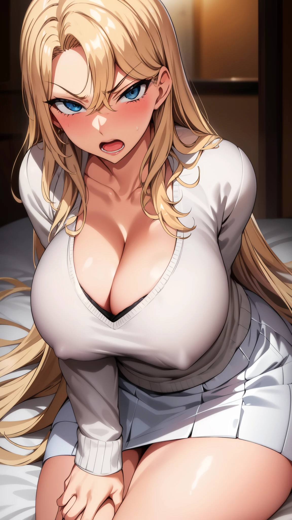 blonde hair,milf,blue eyes,long hair,angry,open mouth,big breasts,,lying,on bed,sitting,blush,cowboy shot,,solo,cleavage,white sweater,skirt