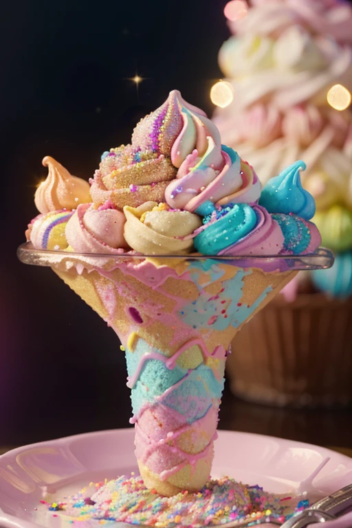 (best quality,highres,masterpiece:1.2),colorful glitter ice cream dripping down the cone,shimmering rainbow colors,pink waffle cone,delicious toppings of sprinkles and chocolate curls,sparkling texture,delectable treat,children enjoying their ice cream,carefully crafted details,elevated dessert experience,vibrant lights and shadows,dreamy atmosphere,pop art style,soft pastel hues,luscious melting effect,irresistible sweet indulgence,sugar rush,edible work of art