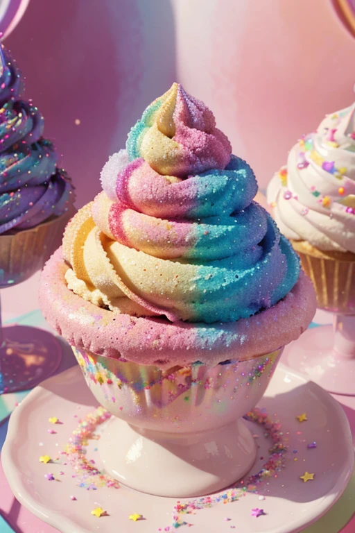 (best quality,highres,masterpiece:1.2),colorful glitter ice cream dripping down the cone,shimmering rainbow colors,pink waffle cone,delicious toppings of sprinkles and chocolate curls,sparkling texture,delectable treat,children enjoying their ice cream,carefully crafted details,elevated dessert experience,vibrant lights and shadows,dreamy atmosphere,pop art style,soft pastel hues,luscious melting effect,irresistible sweet indulgence,sugar rush,edible work of art