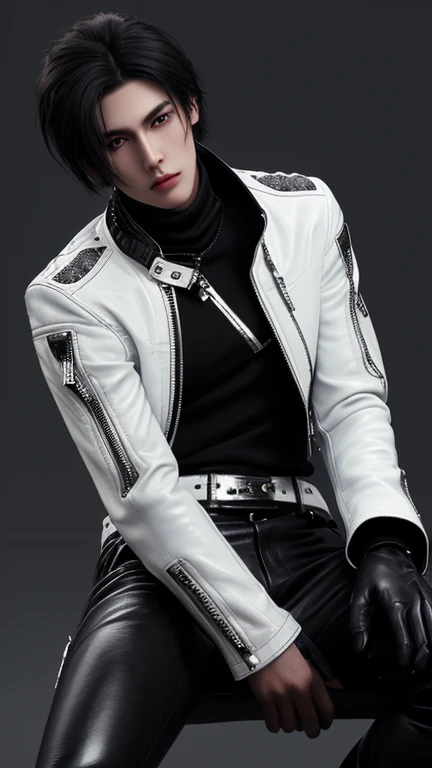 Final Fantasy-style graphics, young, Cute and cool Japanese boys, Thin eyebrows and big eyes, He is wearing a shiny white single-breasted leather jacket...。Biker style leather jacket、 with epaulettes, The jacket is zipped up, The jacket pockets are black., The jacket has a high stand-up collar with a belt, Also wearing a black turtleneck, black leather pants, Thin black leather gloves on both hands, Black leather knee-high lace-up boots, Show me your whole body from head to toe, Final Fantasy Style、((good looking))、((Handsome))、((Clear eyes and nose))、((Shiny white single leather jacket))、((The jacket must be white))、((The jacket has epaulettes))、((The jacket has a high stand-up collar and with a belt))、((The jacket has a black pocket))、((Black turtleneck shirt))、((black leather pants))、((Shiny black leather gloves on both hands))、((Black lace-up leather knee-high boots))、((View the whole body image from a distance))、Realistic image quality and texture、In a small cell、close your eyes、A kind smile、((The jacket is closed with a zipper))、((No exposed skin below the neck))、((Round face)、((Short hairstyle))、((Medium build))、