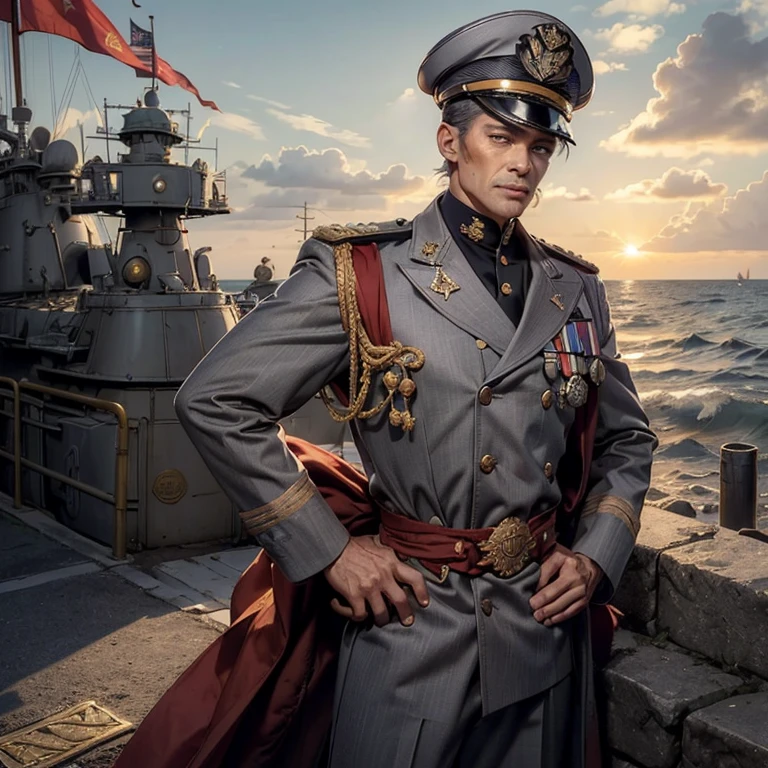 (Realistic: 1.3), (Clarity: 1.3), (Captivating: 1.0), (One man), (50 years), ((Height: 1.8)), ((Physique: 1.5))), ((Uniform: naval captain's attire with gold buttons and epaulets, red sash around the waist, and a captain's hat on the head)), ((Hands on hips, confident posture, eyes scanning the horizon with determination)), ((Bold: expressive brow, firm jawline, piercing gaze, a scar running across the left cheek)), ((Swept-back gray hair, weathered complexion, sun-kissed