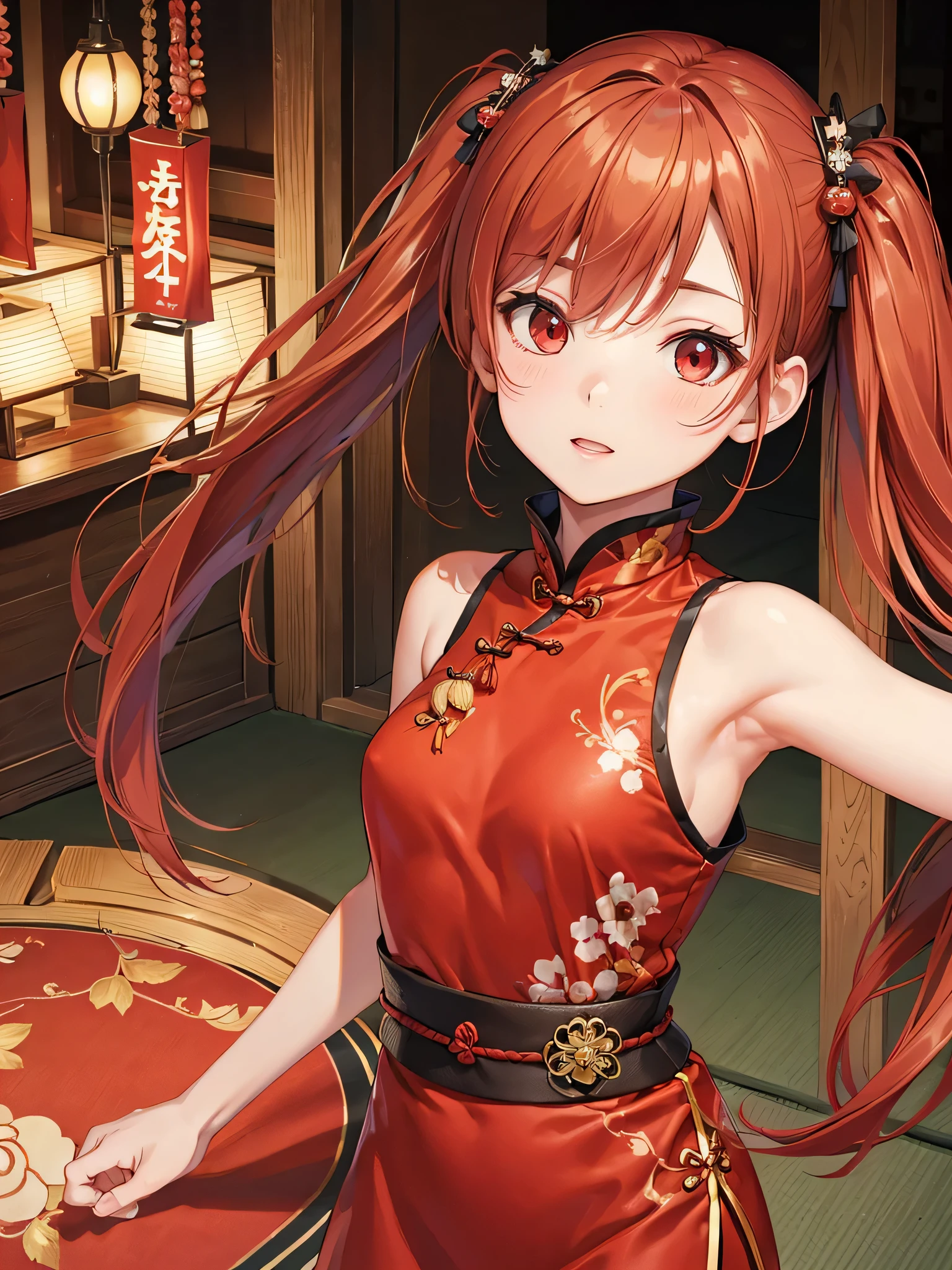 (high quality:1.2),realistic,Japanese zoom,women,looking up,cute,beautiful detailed、 Red eyes,chestnut hair,Twin tails,Sleeveless Chinese dress,slender,small breasts,upper body