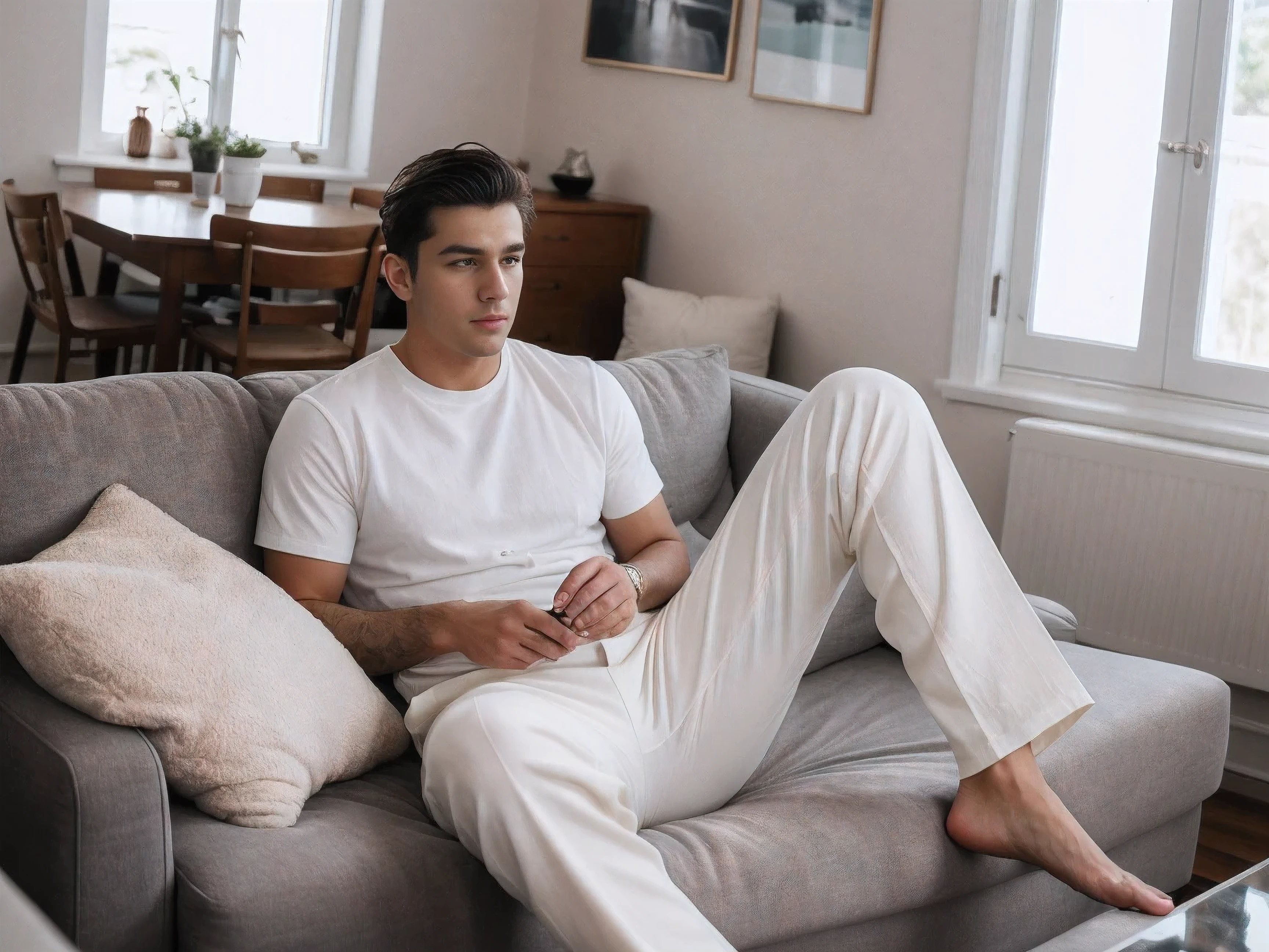 8k uhd, dslr, high quality , RAW photo, Realistic Photography , Fujifilm XT3, Canon R5, Handsome Men ,Cream colored thick trousers, Messy living room