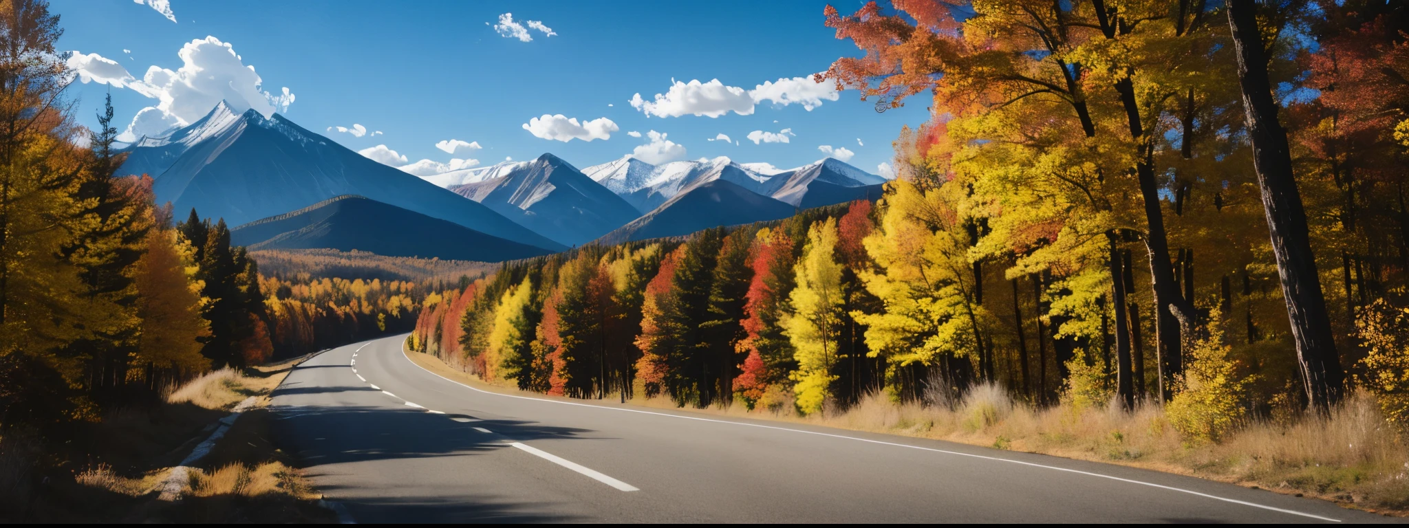 autumn road forest, blue sky, mountain