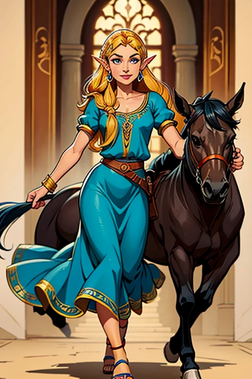 (obra de arte, melhor qualidade:1.2), (olhando para o espectador), princess, Zelda, tema vermelho, vestido longo, cabelo loiro, olhos azuis, Palace, babados, rabo de cavalo,(rubor:0.9), (gargantilha), (sorridente:0.7), corpo todo, sandals