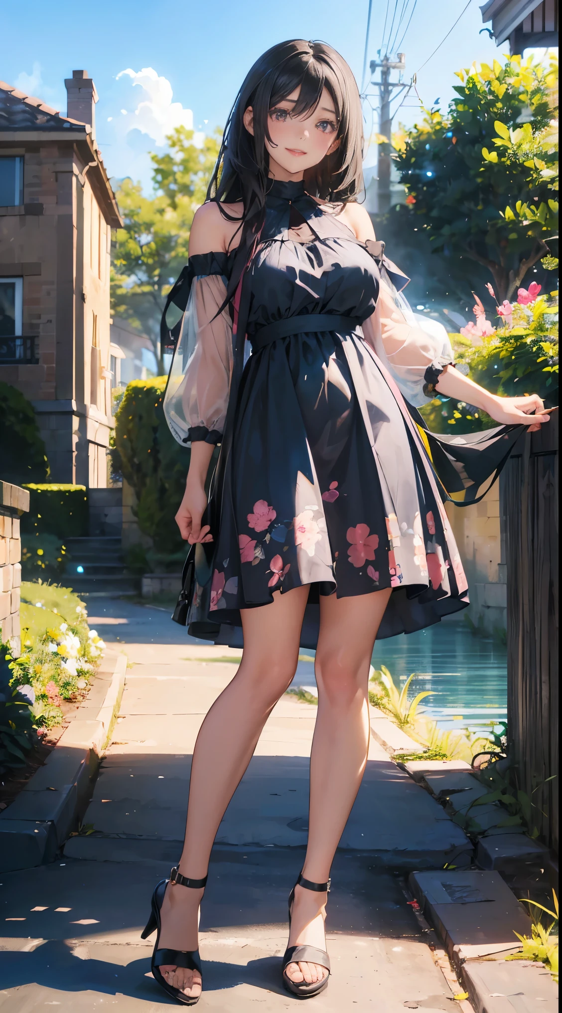 A woman wearing a light blue knee-length floral summer dress, elegant, Flat Heel Shoes, 17 years old, Adult face, Slightly wavy hair, ((Black Hair)) Shine, Bright black eyes, Big Breasts、Toned figure、Soft pink lips, Black Hair、Long Hair, Second dimension beautiful girl、sexy look、smile、Perfect Proportions、The cutest in the world